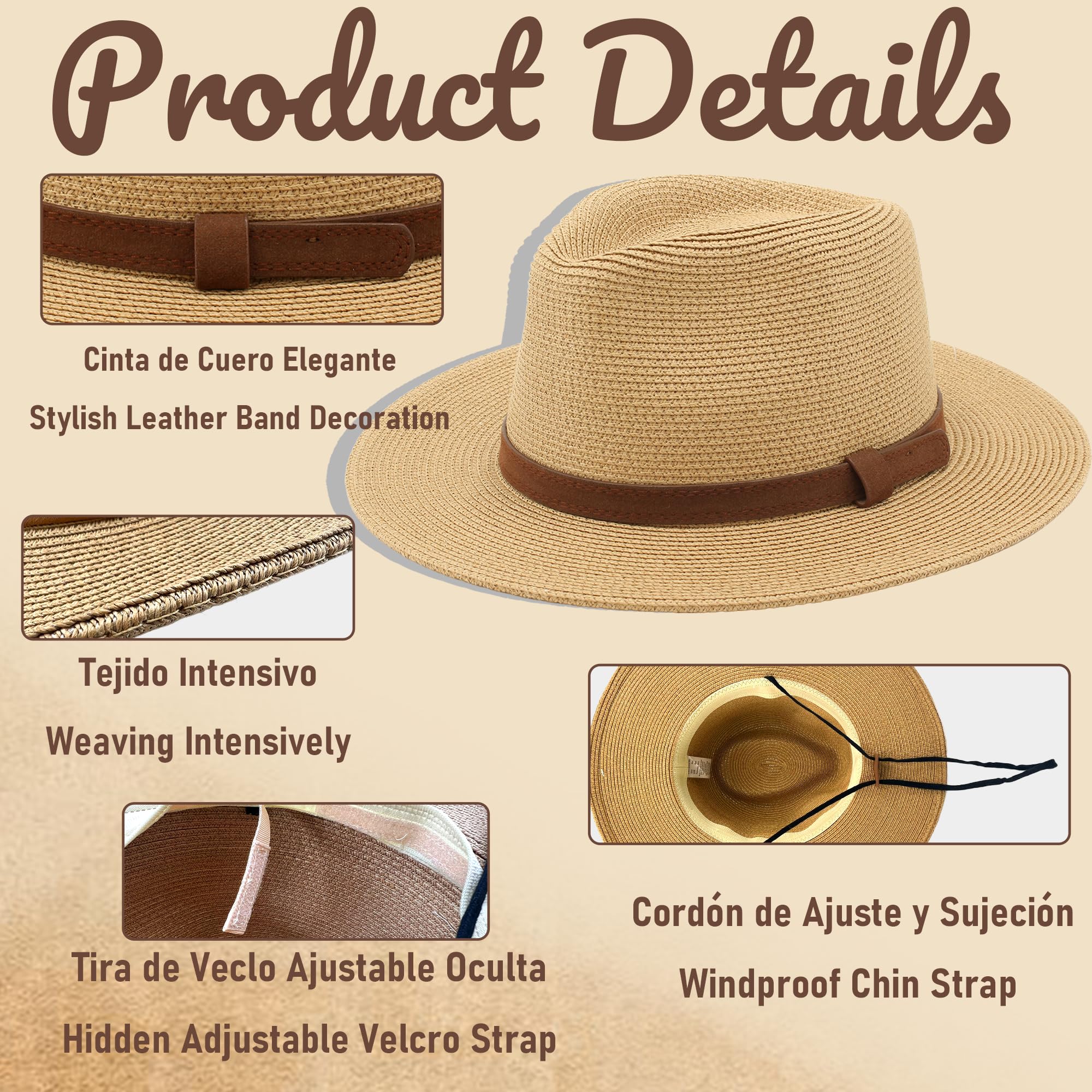 Chapeau Panama d'été, chapeau en paille Panama pour femme et homme, unisexe, chapeau à large bord UPF 50, pliable et tressé intensif