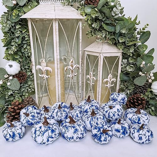 Vista 57 de Juego de 16 calabazas de terciopelo sintético surtidas, decorativas, color verde azulado, verde, gris, marfil, calabazas de espuma de tela