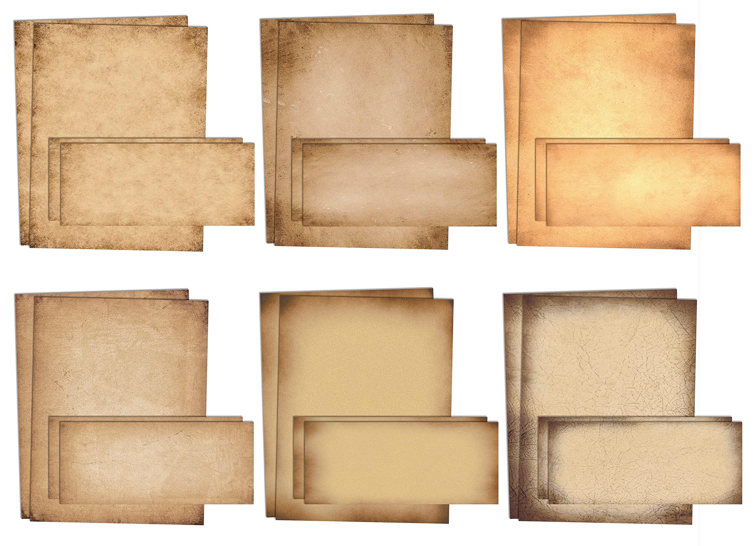 Better Office Products Aged Paper Stationery, 100-Piece Set (50 Sheets + 50 Matching Envelopes), Vintage Antique Old Fashion Parchment Paper, Letter Size, 6 Designs, Double Sided, Black, Victorian