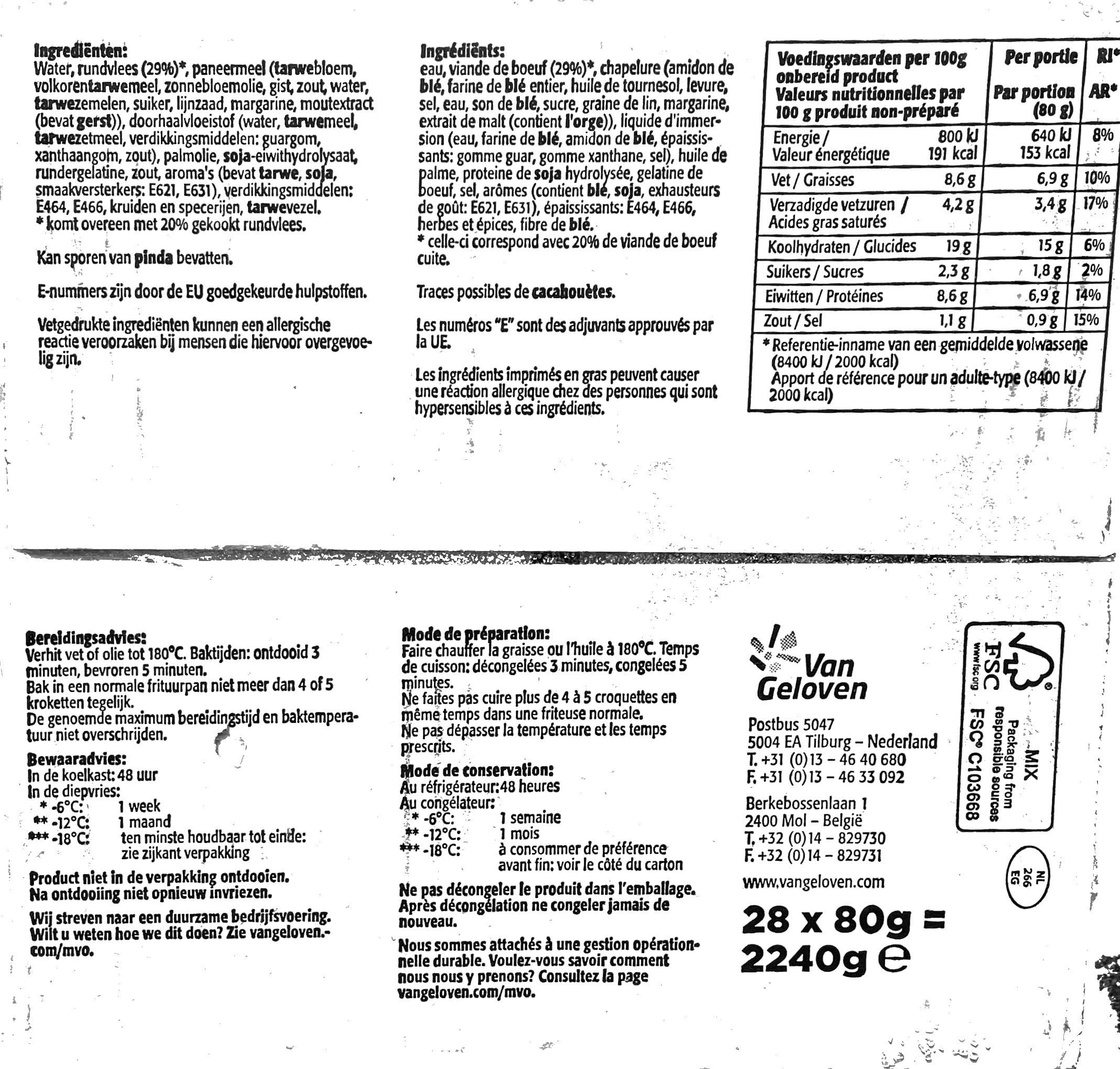 Ad van Geloven Rundvleeskroket 28 x 80g Rindfleischkroketten