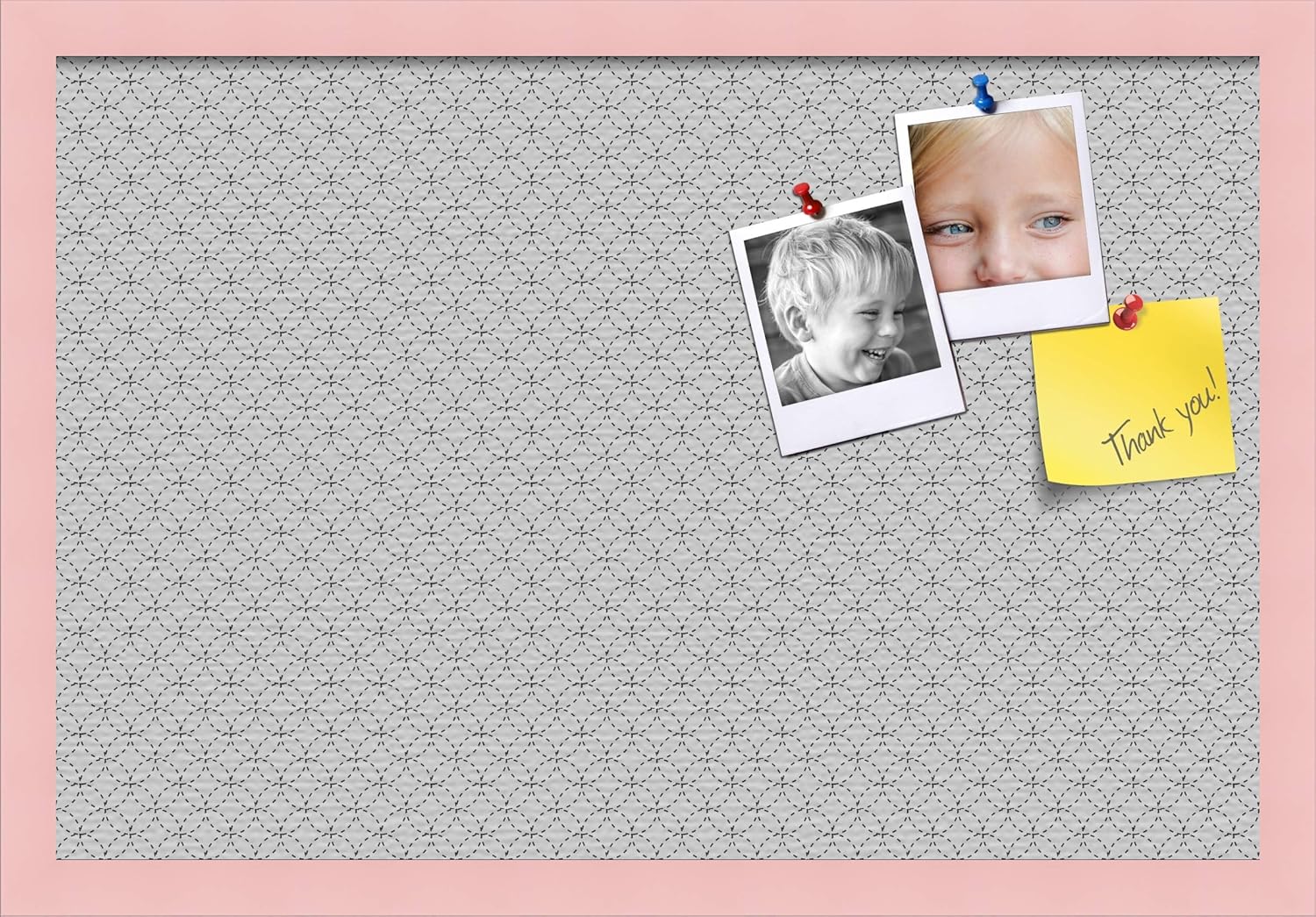 ArtToFrames 24x16 Custom Cork Bulletin Board. This Seamless Circles Black and White Pin Board Has a Fabric Style Canvas Finish, Framed in Baby Pink on Beech (PinPix-117-24x16_0066-81792-YPNK)