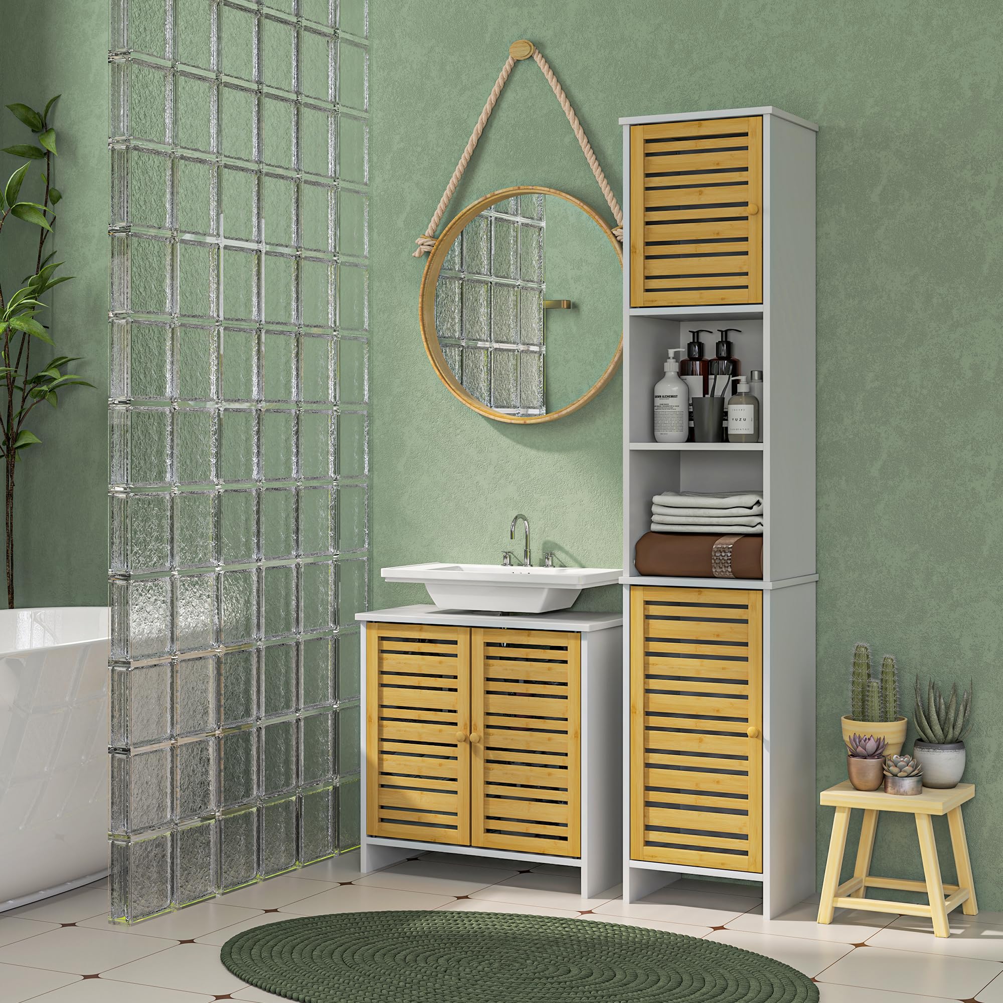 HOMCOM Conjunto de Baño Incluye Mueble Bajo Lavabo Columna Blanco/Natural