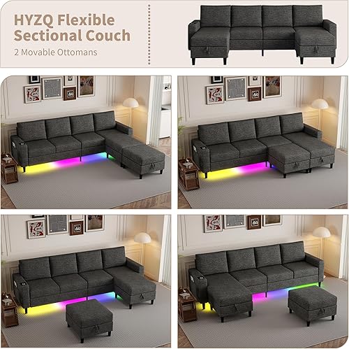 Miniatura 4 de Sofás seccionales para sala de estar, sofá seccional de 4 asientos con módulo inteligente - carga inalámbrica/USB/Type-C/luz RGB, sofá en forma de U