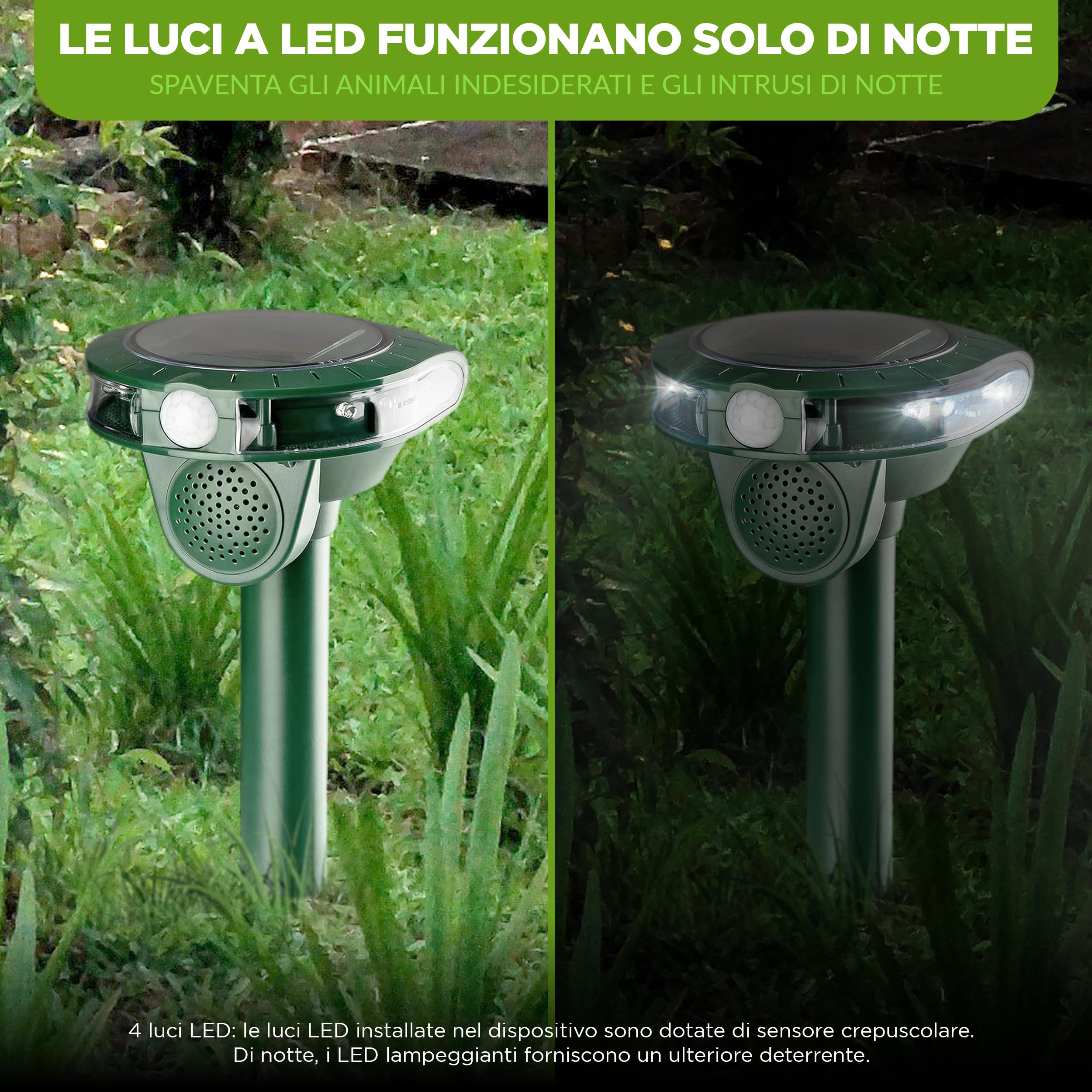 ISOTRONIC repellente animali ultrasuoni gatti cani volpi procioni energia solare picchetto giardino incluso raggio 40m² 2 unità efficace esterno dissuasore protezione difesa ecologico stop mobile
