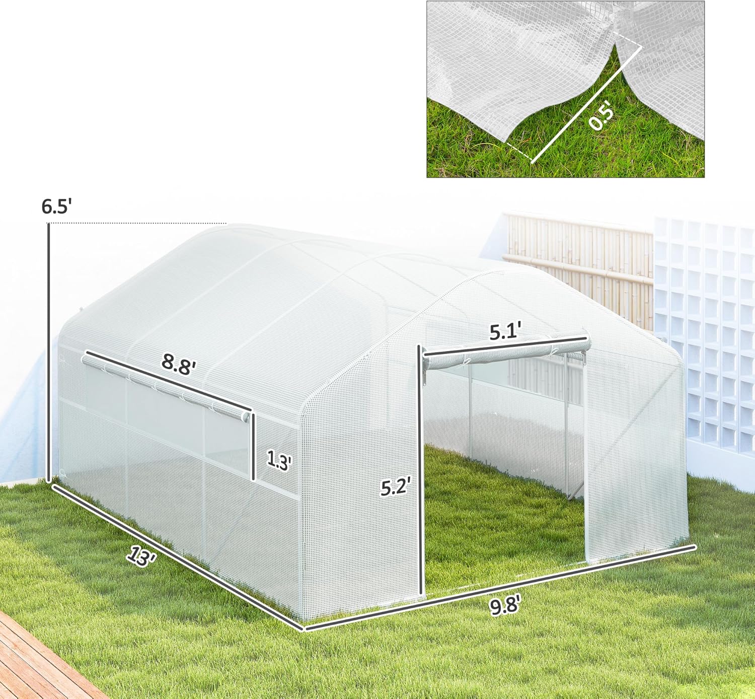 Diagram showing the dimensions of the Outsunny 13' x 10' x 6.5' Hoop House Greenhouse, including length, width, and height.