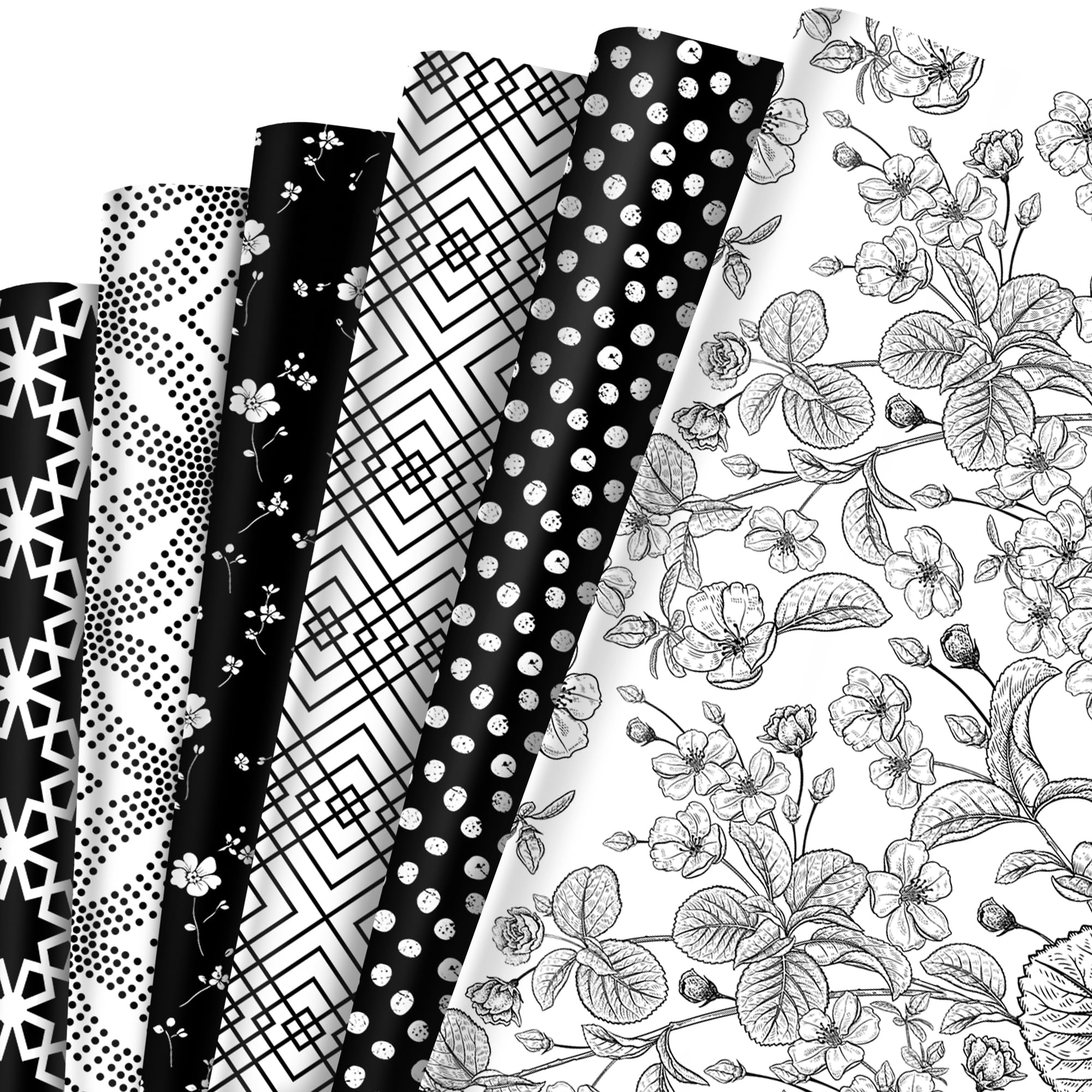 12 Sheets Geometric Floral Wrapping Paper, Black White Flowers Wrapping Paper Roll, Gift Wrap for Birthday Bridal Baby Shower Wedding Valentines Christmas Party Supplies, 6Styles