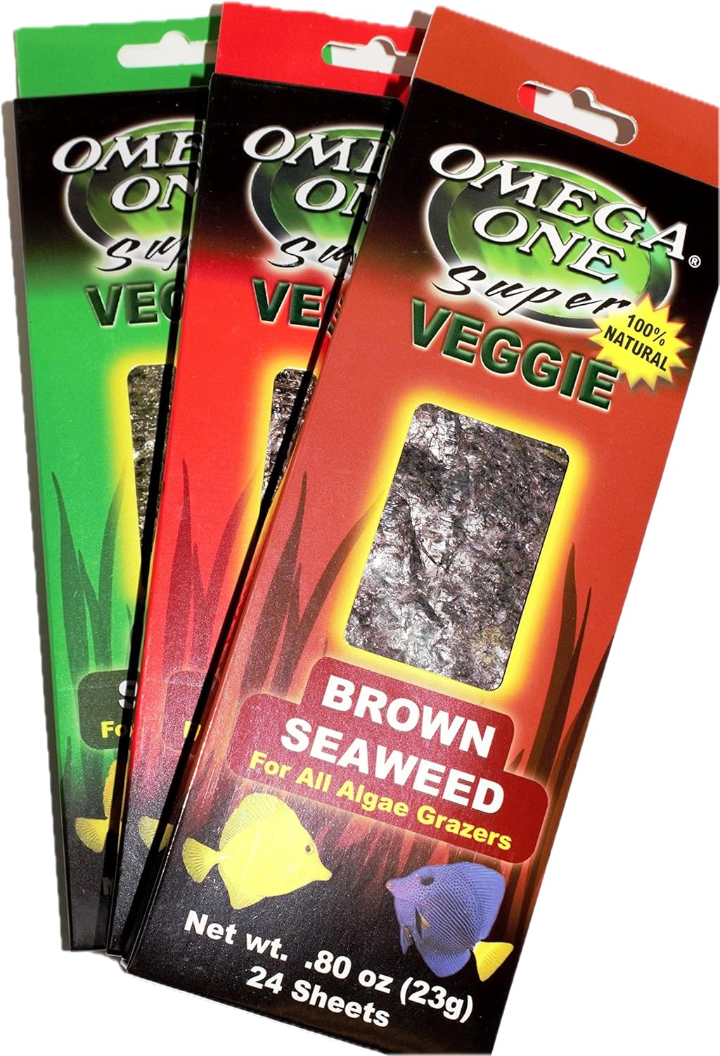 Omega One Super Veggie Seaweed for All Algae Grazers, .8 oz, 23 g, 24 Sheets, Variety (Green, Red and Brown one Each) 3 Pack
