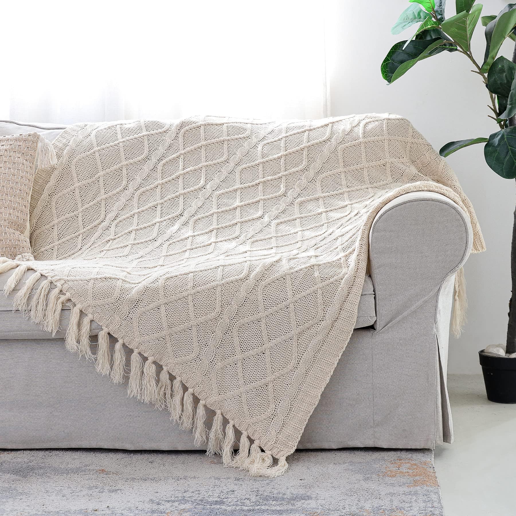 Solid Soft Cozy Cable Knitted Blanket Throw, Lightweight Decorative Textured Cream Throw Blanket with Fringes for Couch Chairs Bed Sofa,Beige, 50"x 60"
