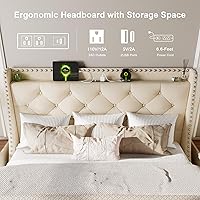 Vista 3 de Feonase - Base de cama tamaño completo con respaldo de alas de lujo y estación de carga rápida, base de cama tapizada con botones y cabecera de Beige