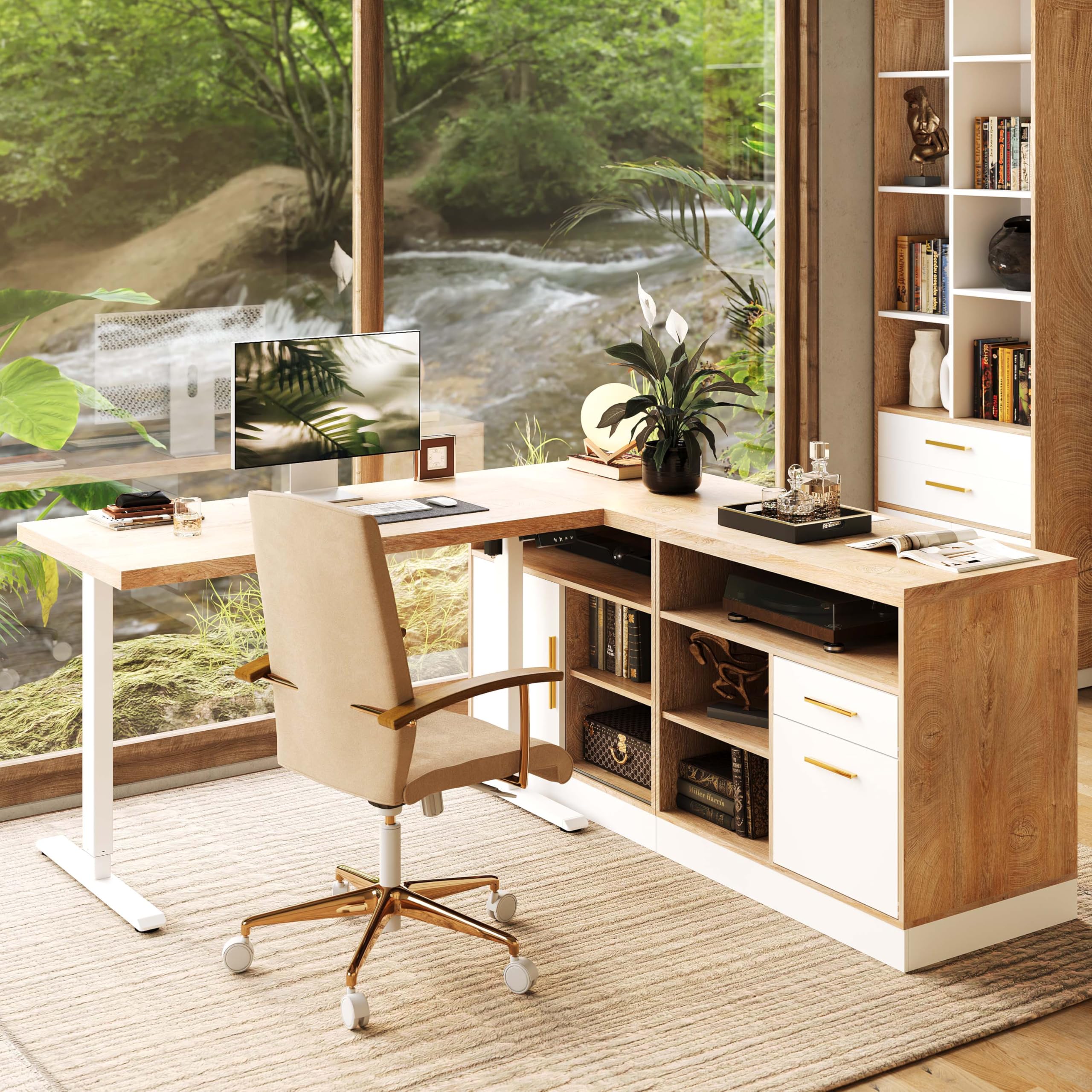 67" L Shaped Standing Desk with Storage and Drawers,File Cabinets, AC/USB, 1.18" Desktop, Height Adjustable Electric Stand Up Desk, Multiple Functions for Home and Office, Light Walnut