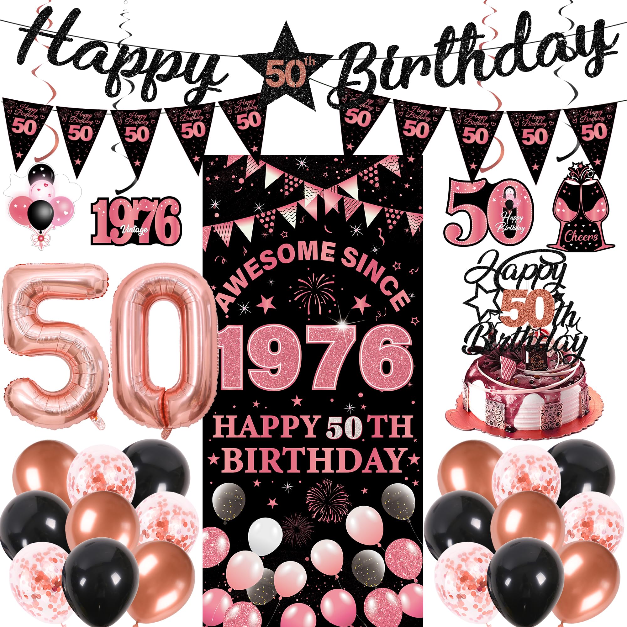 50th Birthday Decorations Women Kit - 27 Pcs Black Rose Gold Happy 50th Birthday Banner Triangular Flag Hanging Swirls Backdrop Cake Topper 50 Balloon Set for 50 Years Old Party Decoration Supplies
