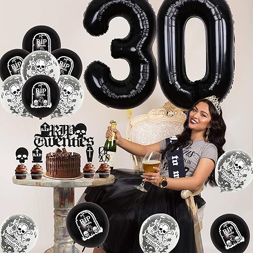 Miniatura 3 de Decoraciones de cumpleaños número 30 para mujer oro rosa y negro de la muerte a mis 20 pancarta de 20 decoraciones de cumpleaños de 20 globo número