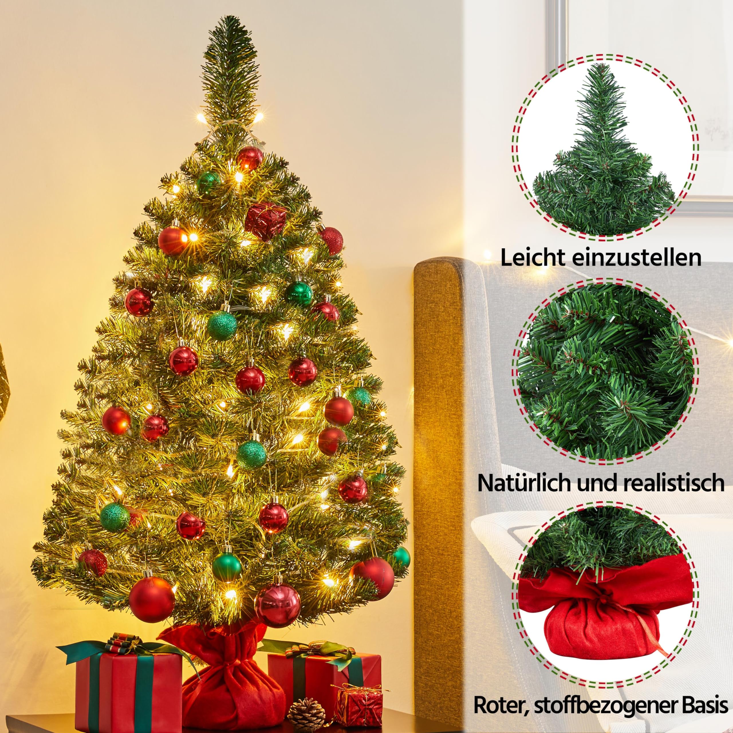 Yaheetech Kunstkerstboom, snelle montage, incl. kerstboomvoet, kerstboom, witte sneeuw voor tafel, kantoor