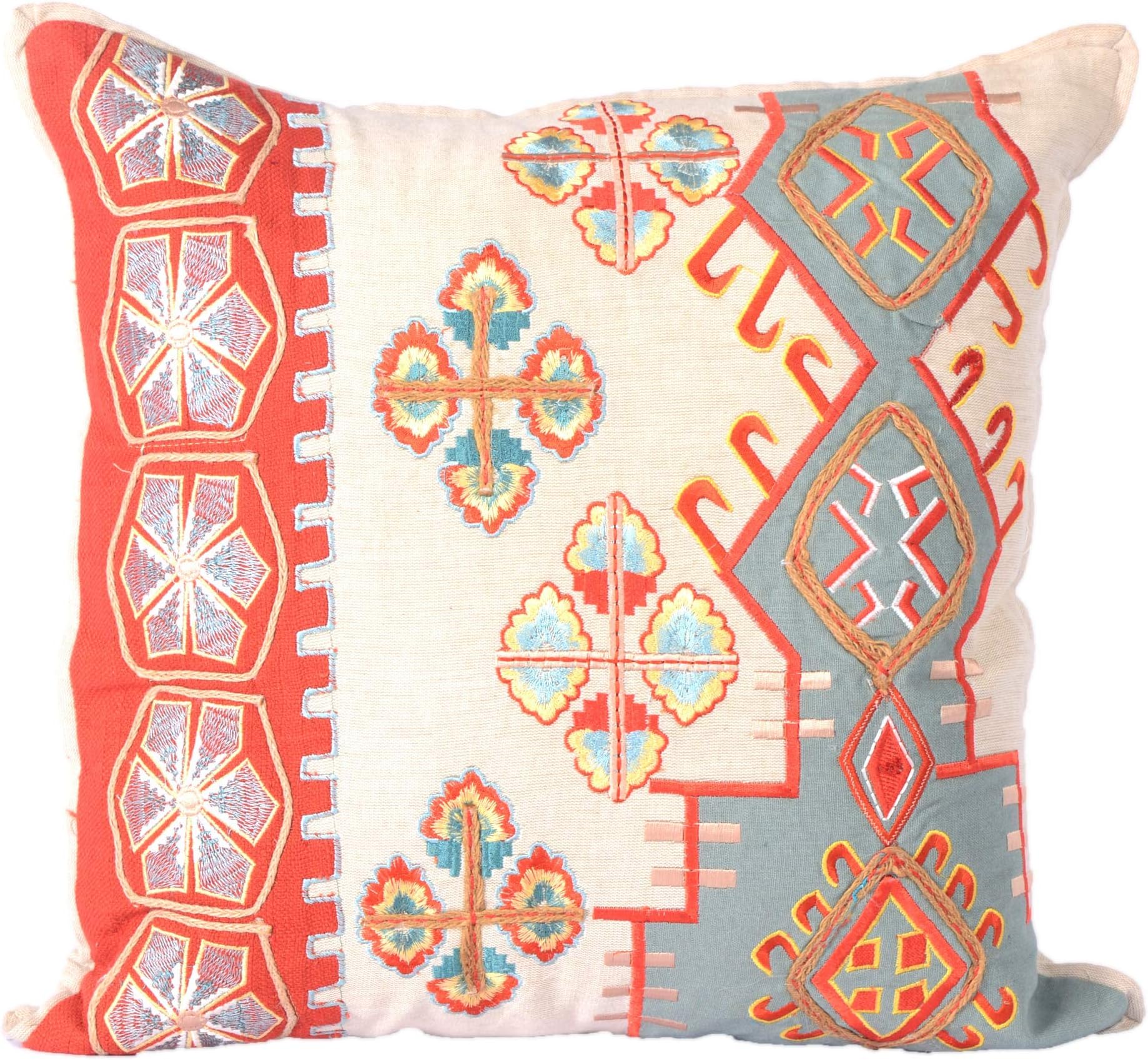 Ajs Living Premium Cotton Decorative Throw Pillow Case - Natural tones of rust and teal thread work in geometric pattern ethnic design -18 x 18 Inch - Single - Natural Beige Hues with Rust and teal muted hues