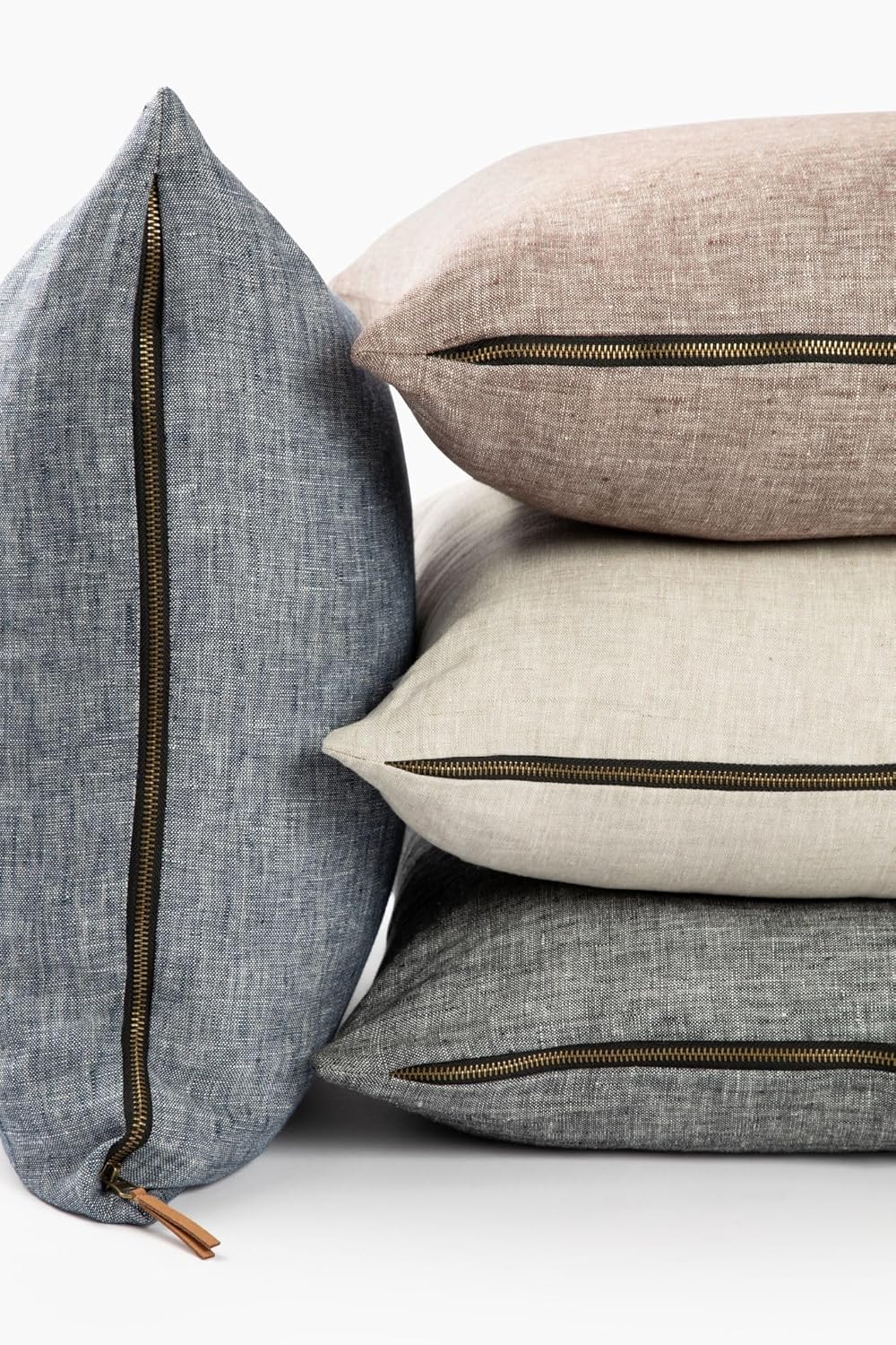 Cali and Ricky 100% Slub Linen Decorative Throw Pillow Cover w/Exposed Vintage Look Metal Zipper Closure and Faux Suede Pull (Single Cover Only - Insert not Included) (Blue, 20x20)