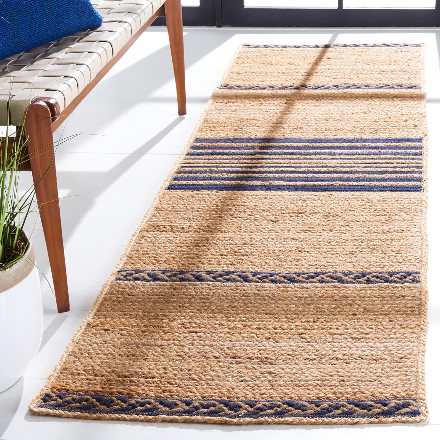SAFAVIEH Natural Fiber Collection Runner Rug - 2'3" x 8', Natural & Navy, Handmade Stripe Boho Farmhouse Rustic Braided Jute, Ideal for High Traffic Areas in Living Room, Bedroom (NFB262N)