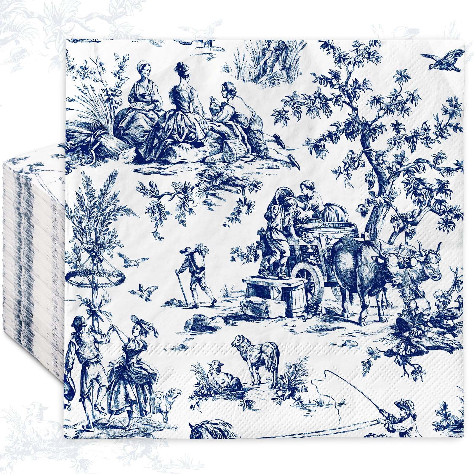 80 Sheet Blue White Paper Napkins French Village Printed Disposable Napkins Farmhouse Decorative Luncheon Dinner Napkin for Party Supplies Table Decor, 6.5 x 6.5 Inch