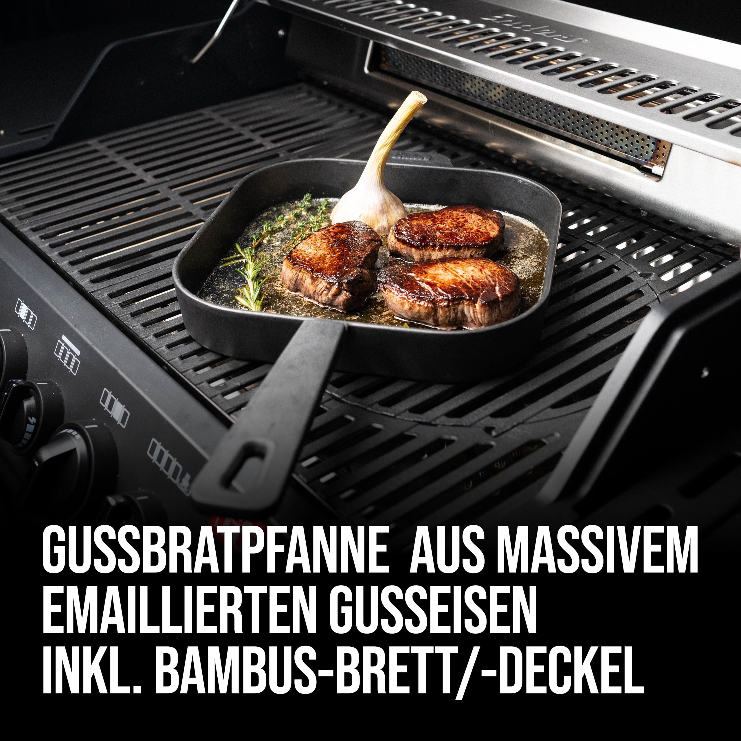 Enders® Patelnia żeliwna L, wysoka krawędź, równomierne rozprowadzanie ciepła i przechowywanie, do użytku na grillu, kuchence kempingowej, płycie kuchennej lub otwartym ogniu, w zestawie bambusowa