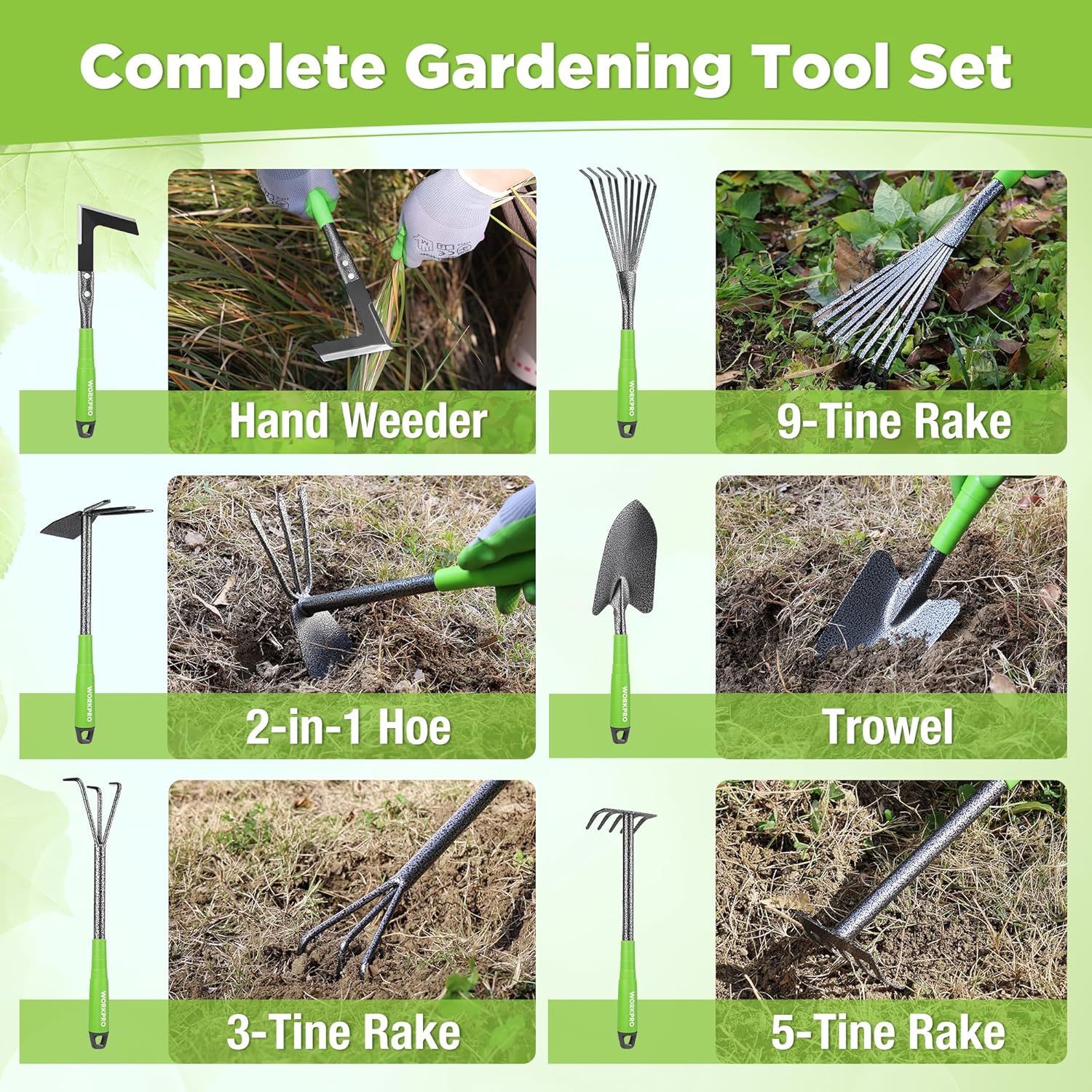 WORKPRO 6-Piece Garden Tool Set, Heavy Duty Gardening Hand Tools with Soft Rubber Handle, Including Trowel, Rakes, 2-in-1 Hoe and Crack Weeder, Ideal Gardening Gifts for Men and Women