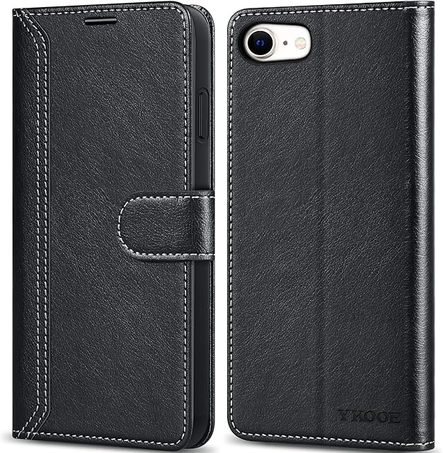 ykooe for iPhone SE 2022 Case, iPhone SE 2020/7/8 Case, Premium Leather Wallet Protective Phone Case for iPhone SE 3/SE 2020/8/7 Cover, Black