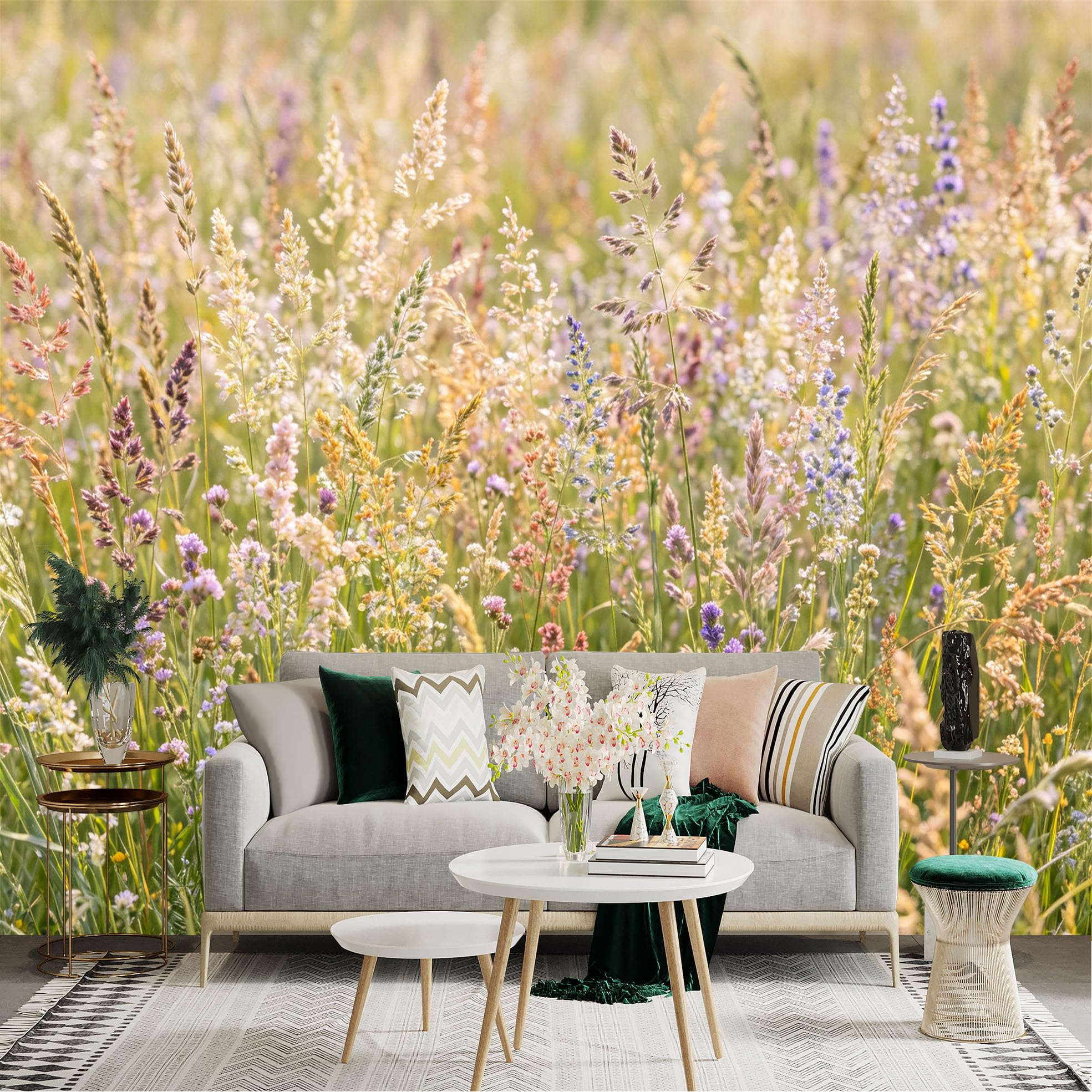 Lnzczhyre Dbh260521300 Custom Size Wall Sticker Mural， Wildflower Meadow In Golden Sunlight， Blooming Summer Plants， Soft Pastoral Scenery， For Wall Decoration， Peelandstick Wall Decals.