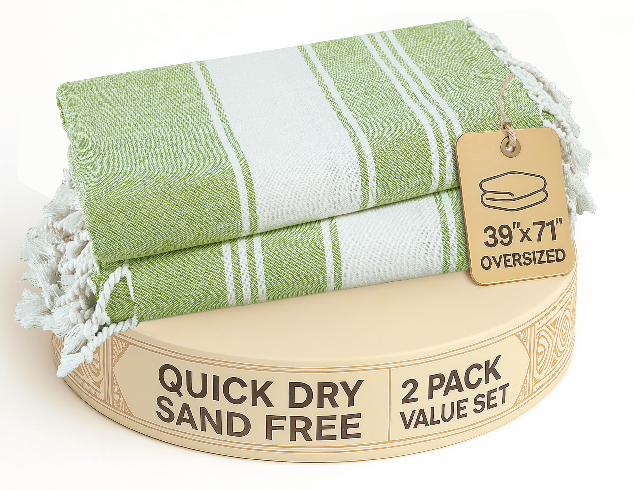 Lane Linen Turkish Beach Towel 2 Pack, Oversized Beach Towel 39"x71", Lightweight Beach Essentials for Women, Large Pool Towel, Absorbent & Quick Dry, Sand Free Beach Towel - Jade Lime