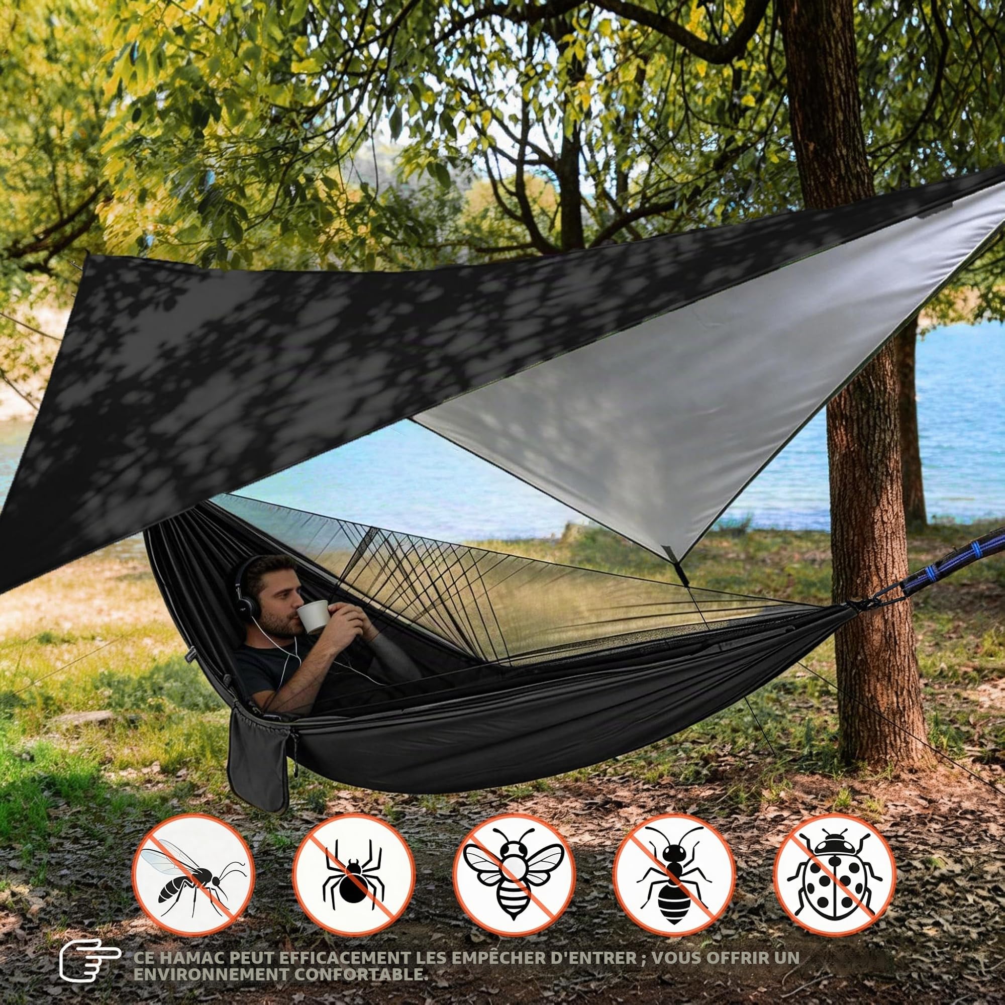 Hamac de Camping avec moustiquaire, hamac Simple et Double léger, Portable en pour 2 Personne pour Le Camping, la randonnée, la Survie, Les Voyages