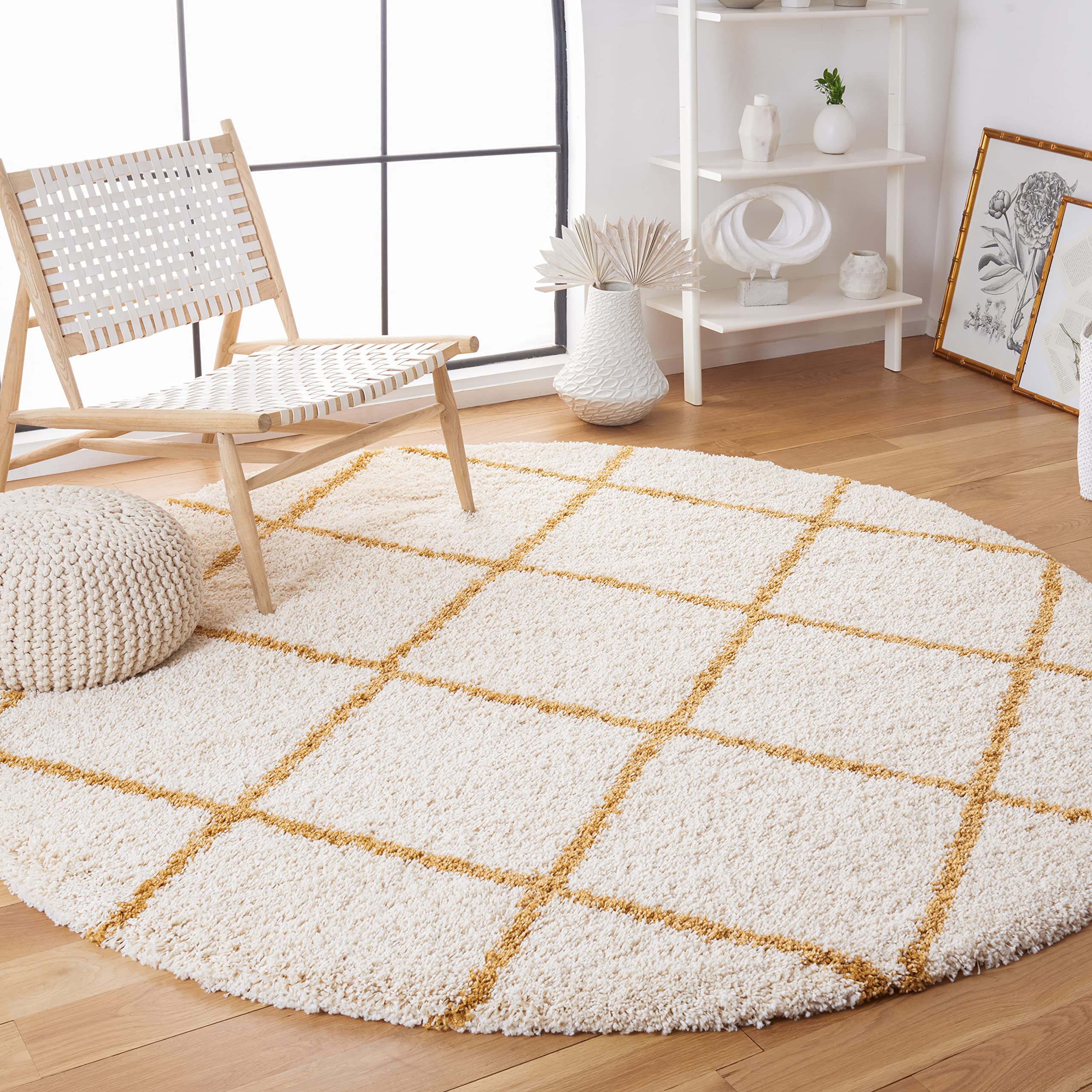 SAFAVIEH Hudson Shag Collection 4' Round Ivory/Gold SGH281E Modern Diamond Trellis Non-Shedding 2-inch Thick Area Rug