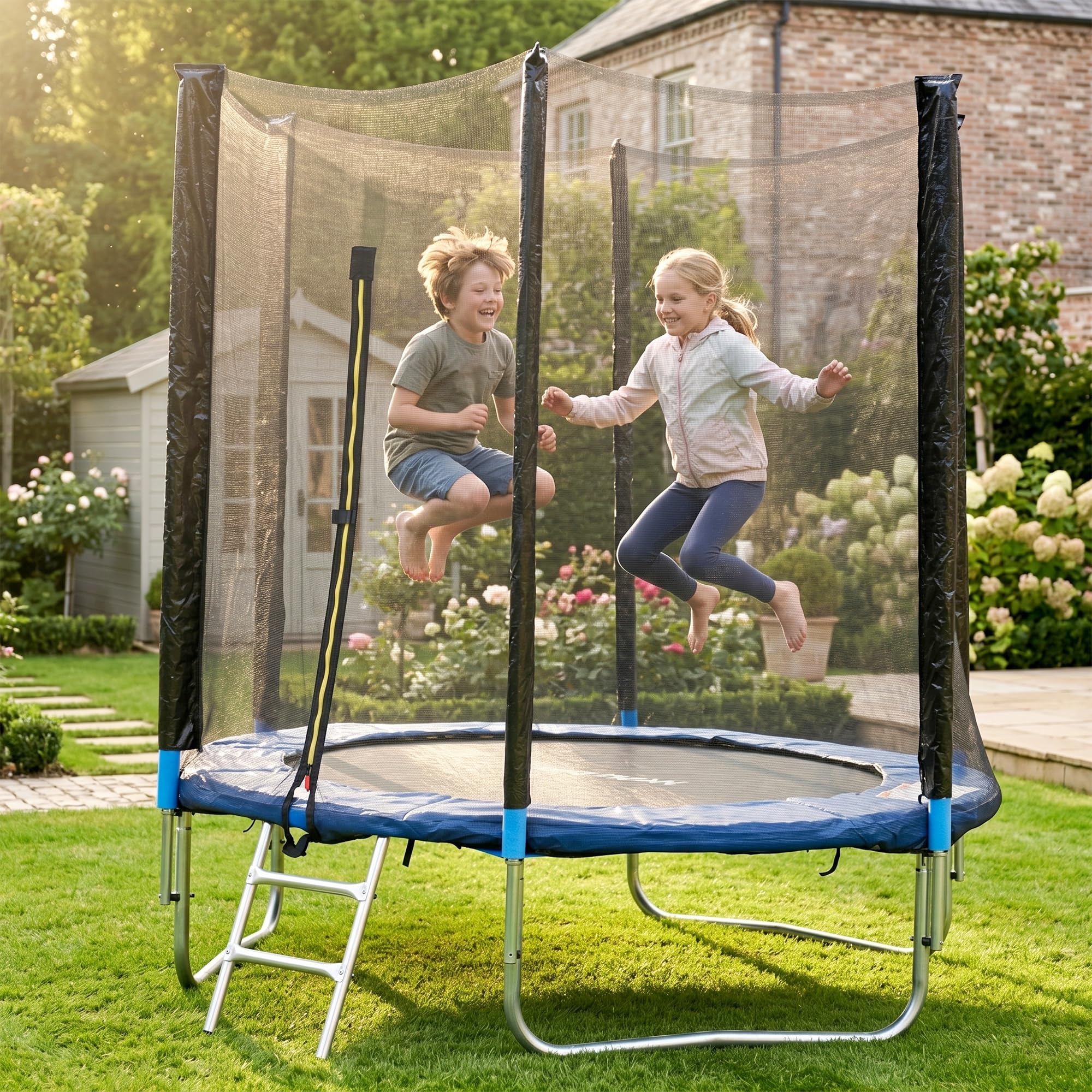 SPORTNOW Trampolino Elastico con Scaletta e Rete di Sicurezza, Tappeto Elastico in Acciaio e Plastica con 3 Gambe a U, Ø180x200 cm, Blu