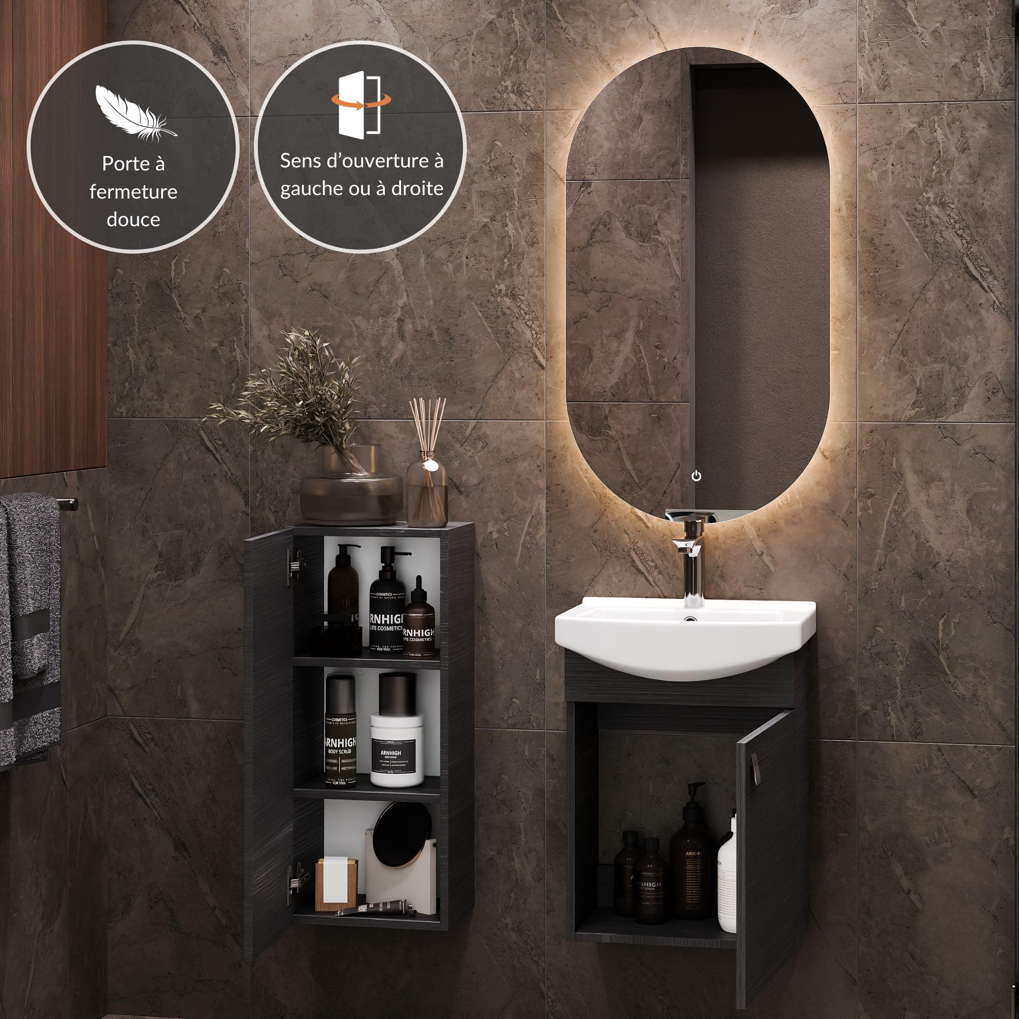 Planetmöbel Ensemble de Meubles de Salle de Bains Lavabo avec Meuble Bas 45 x 60 x 33 cm, Miroir avec éclairage 50 x 90 cm & Armoire Centrale pour Salle de Bains et WC invités, Anthracite