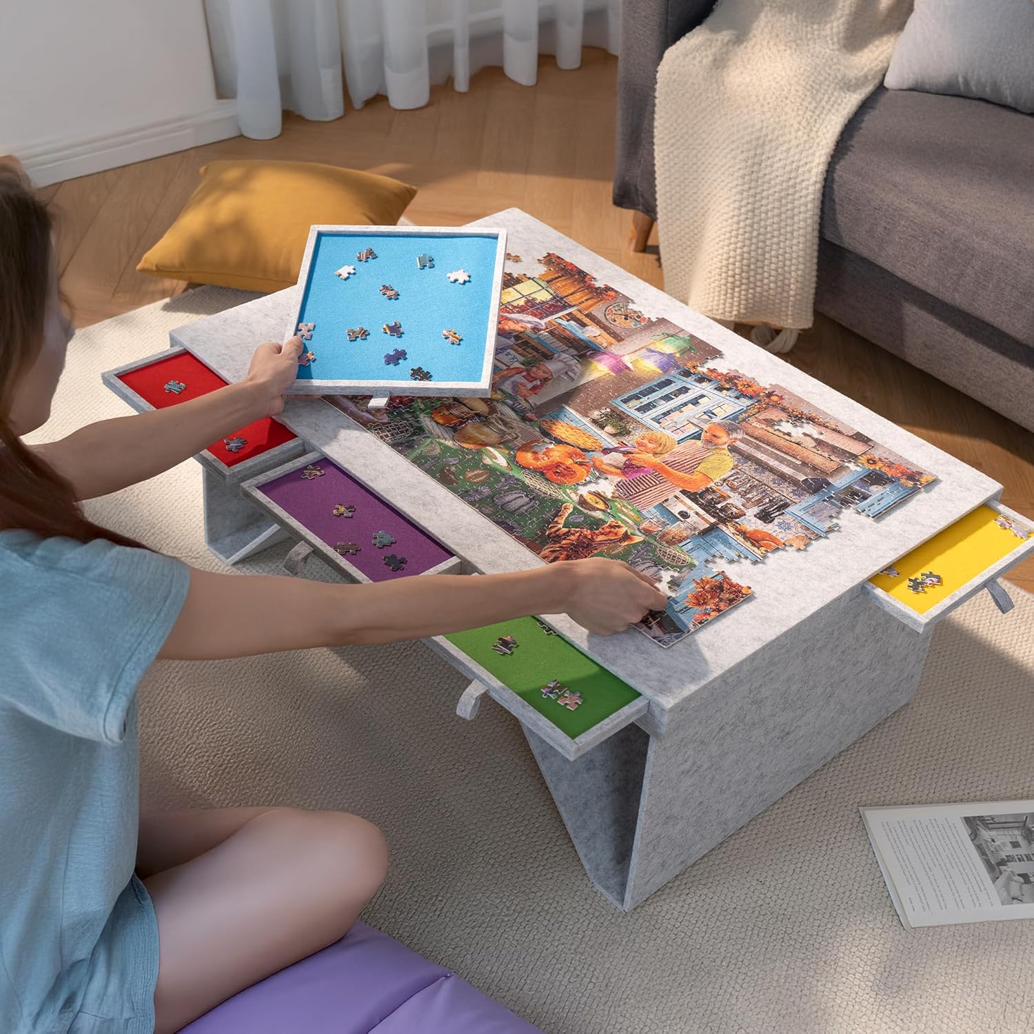 Tektalk Felt Jigsaw Puzzle Board with 5 Colored Drawers, Portable Puzzle Table for Adults, Super Lightweight Plateau with Cover, Storing for 1500, 1000, 500 Jigsaw Puzzle Pieces (Light Gray)