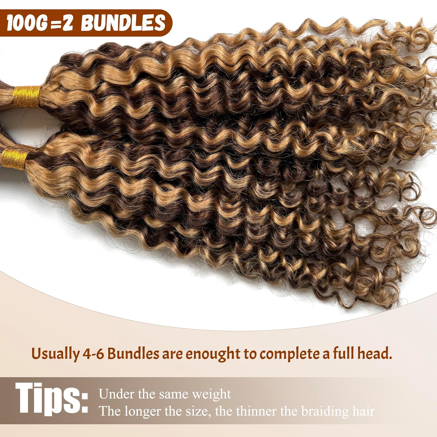 P4/27 Ombre Human Braiding Hair 100g Highlight Honey Blonde Deep Water Wave 2 Bundles Bulk Human Hair for Micro Braiding Color Wet and Wavy Curly Hair Extensions for Boho Braids Knotless 16 Inch