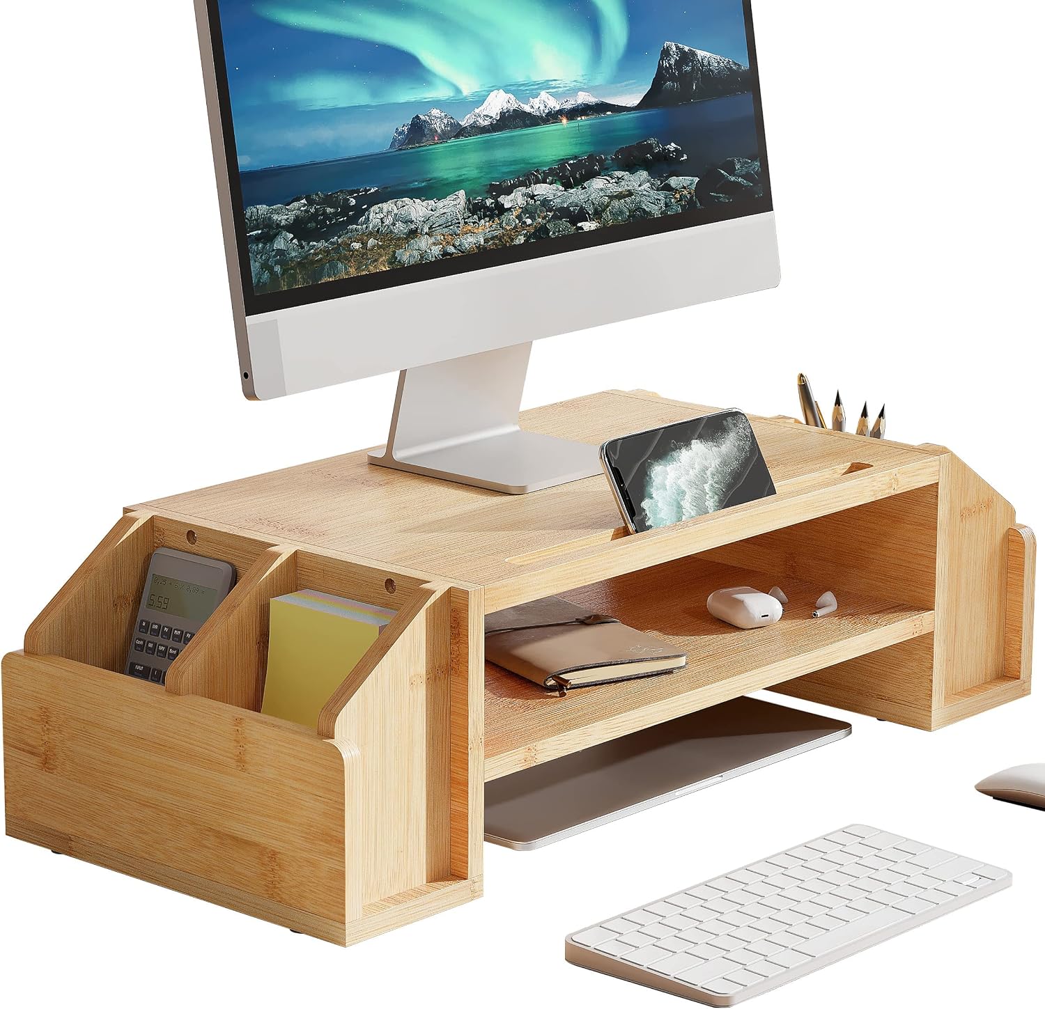 WELL WENG Bamboo 2-TIier Monitor Riser with Adjustable Storage Organizer Desktop Stand for iMac,Printer,Notebook,Xbox one,PS4 (MR3-SG)