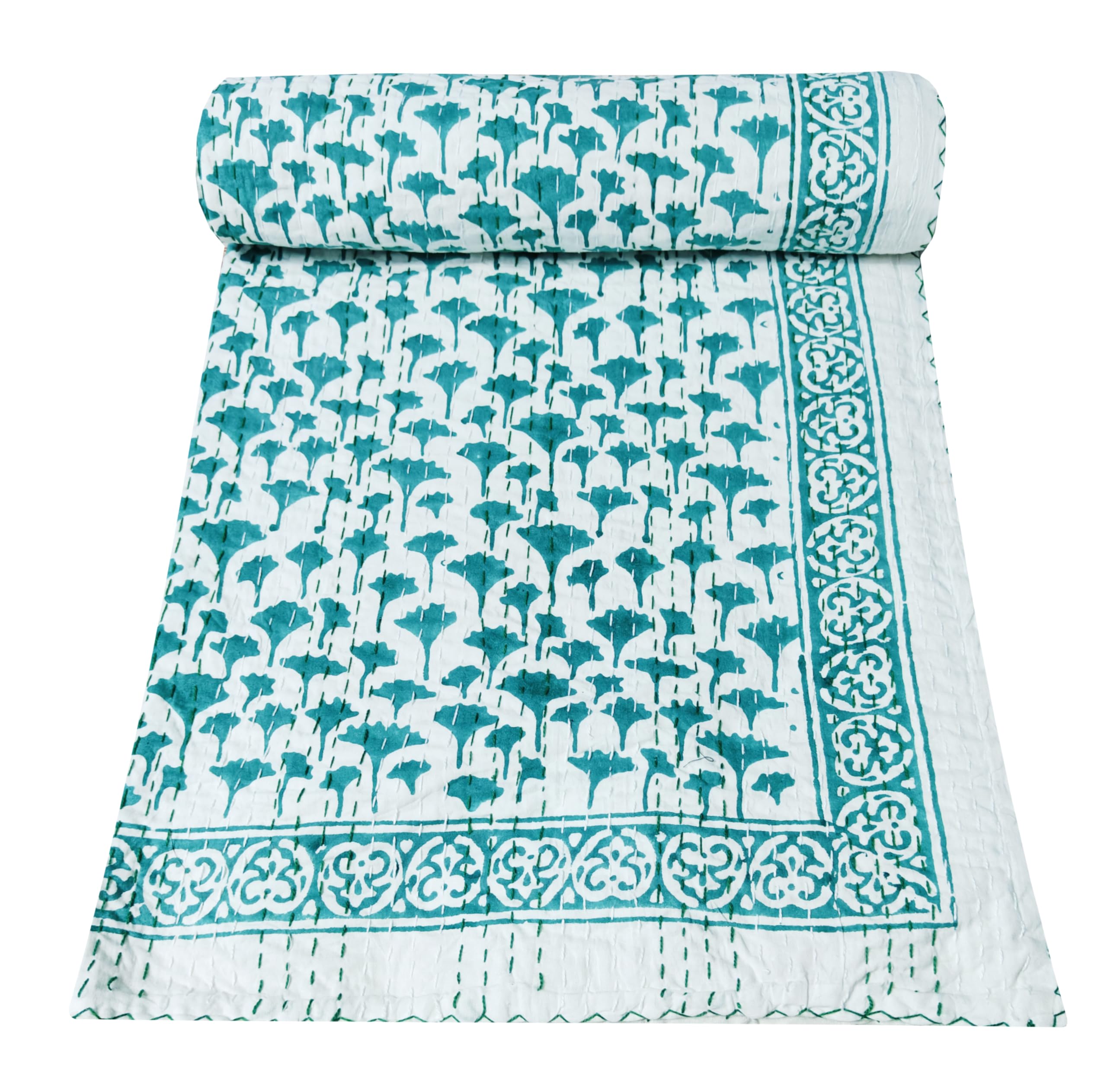 Kalap Indian Cotton Kantha Quilt Hand Block Print Twin Quilt Kantha Bedspread Blanket Indian Kantha Single Size Quilt Boho Quilt Kantha Throw Twin 90 X 60 Inch (Block Print 1)