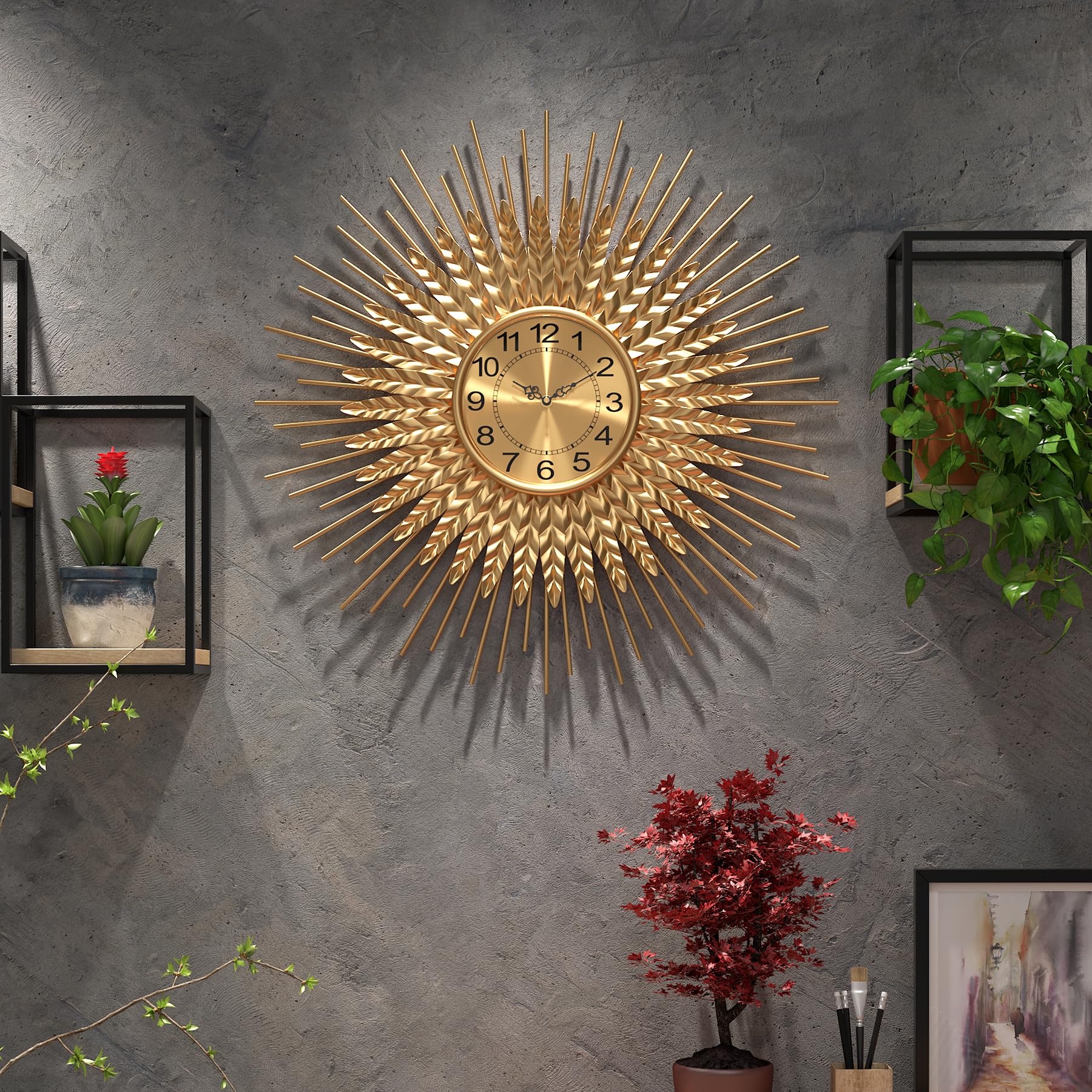 Viviflyse Gold Large Mid Century Wall Clock Decorative Modern Sunburst Wall Clocks, Metal Big Silent Non-Ticking Clock, Luxury Home Gift Decor For Living Room, Bedroom, Dining Room, 60Cm
