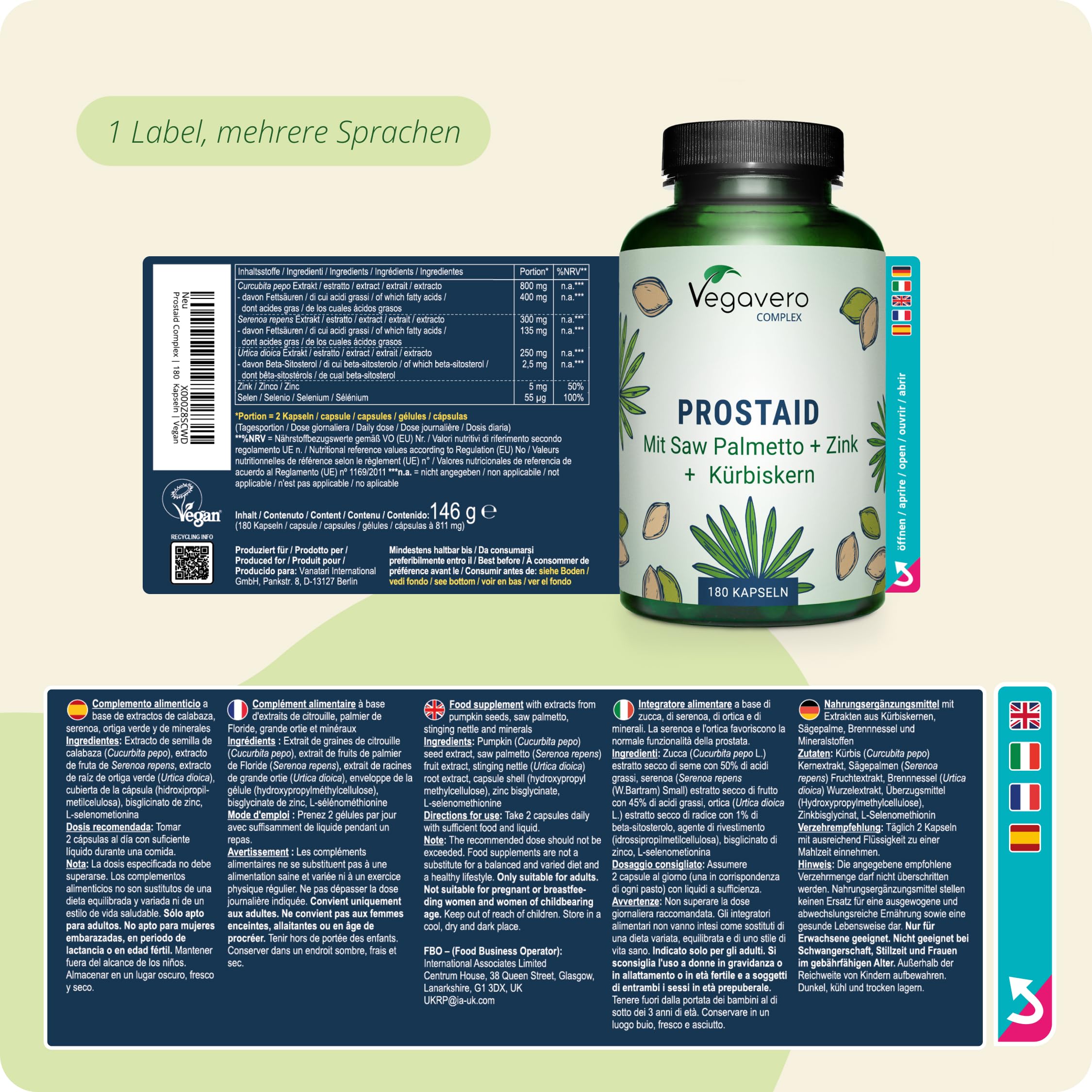 Prostata Komplex Vegavero | 800 mg Kürbiskernextrakt |180 Kapseln Hochdosiert | Mit Sägepalmenextrakt, Kürbiskernen, Brennnessel & Mehr | Vegan & Ohne Zusätze