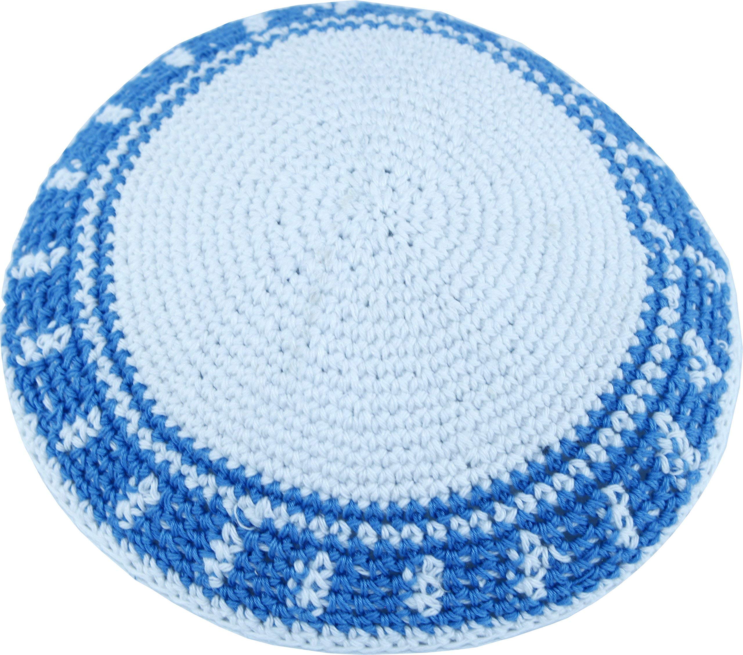 White / Sky Blue 17cm DMC 100% Knitted Cotton Kippah Torah Chabad Cap Jewish