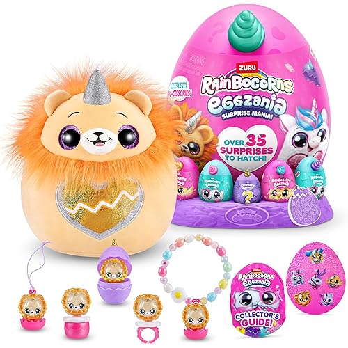 Rainbocorns Eggzania Surprise Mania Series 1 (Lion) by ZURU, Collectible Plush Stuffed Animal, Surprise Eggs, 5 Mini Eggs, Stickers, DIY Jewelry, Slime, Ages 3+ for Girls, Children