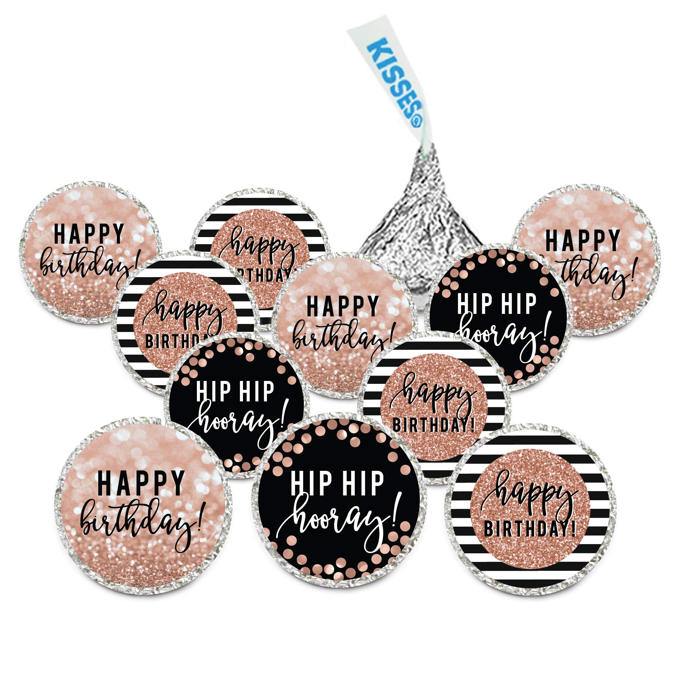 Andaz Press Glitzy Faux Rose Gold Glitter Milestone Chocolate Drop Labels Trio, Happy Birthday!, 240-Pack, Not Real Glitter, Fits Kisses Party Favors Colored Supplies