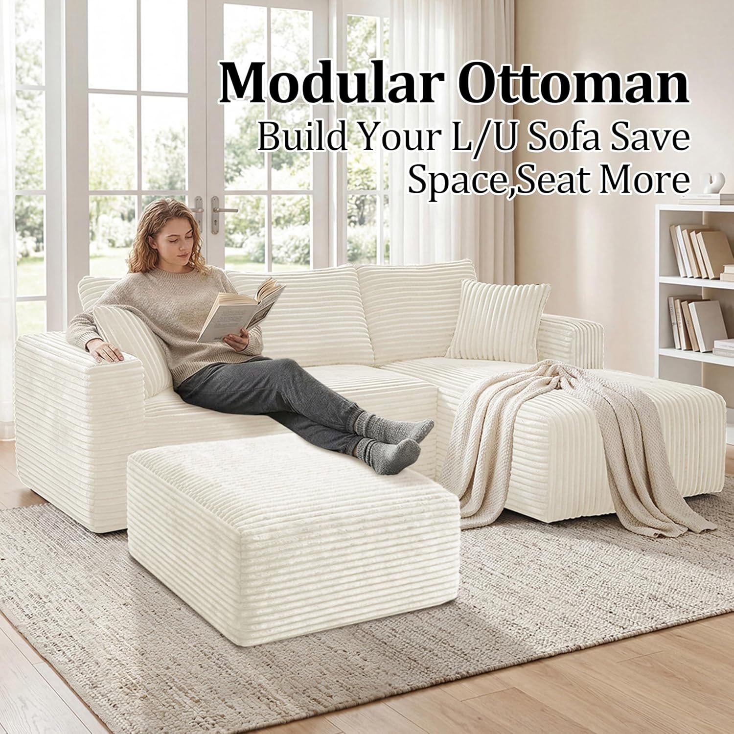 Corduroy Ottoman, Modern Boneless Cloud Foot Rest Foam Support, Oversized Modular Sectional Sofa Stool for Living Room, Bedroom & Small Spaces, No Assembly Required(Beige, Ottoman) | Foam Support, Living Room Bedroom, No Assembly Required