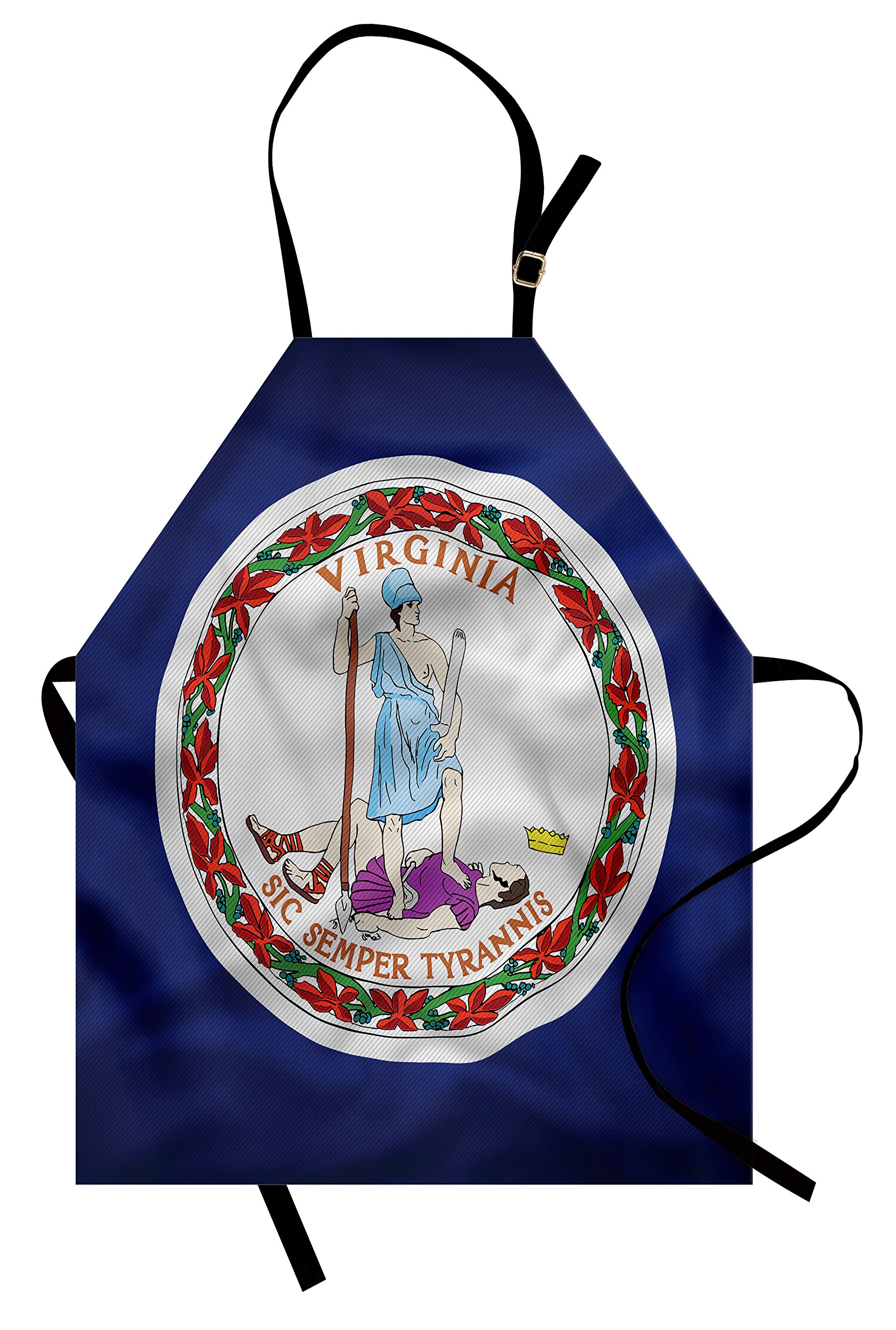 LunarableAmerican Apron, Virginia Flag Latin Motto Sic Semper Tyrannis Thus Always to Tyrants, Unisex Kitchen Bib with Adjustable Neck for Cooking Gardening, Adult Size, Royal Blue