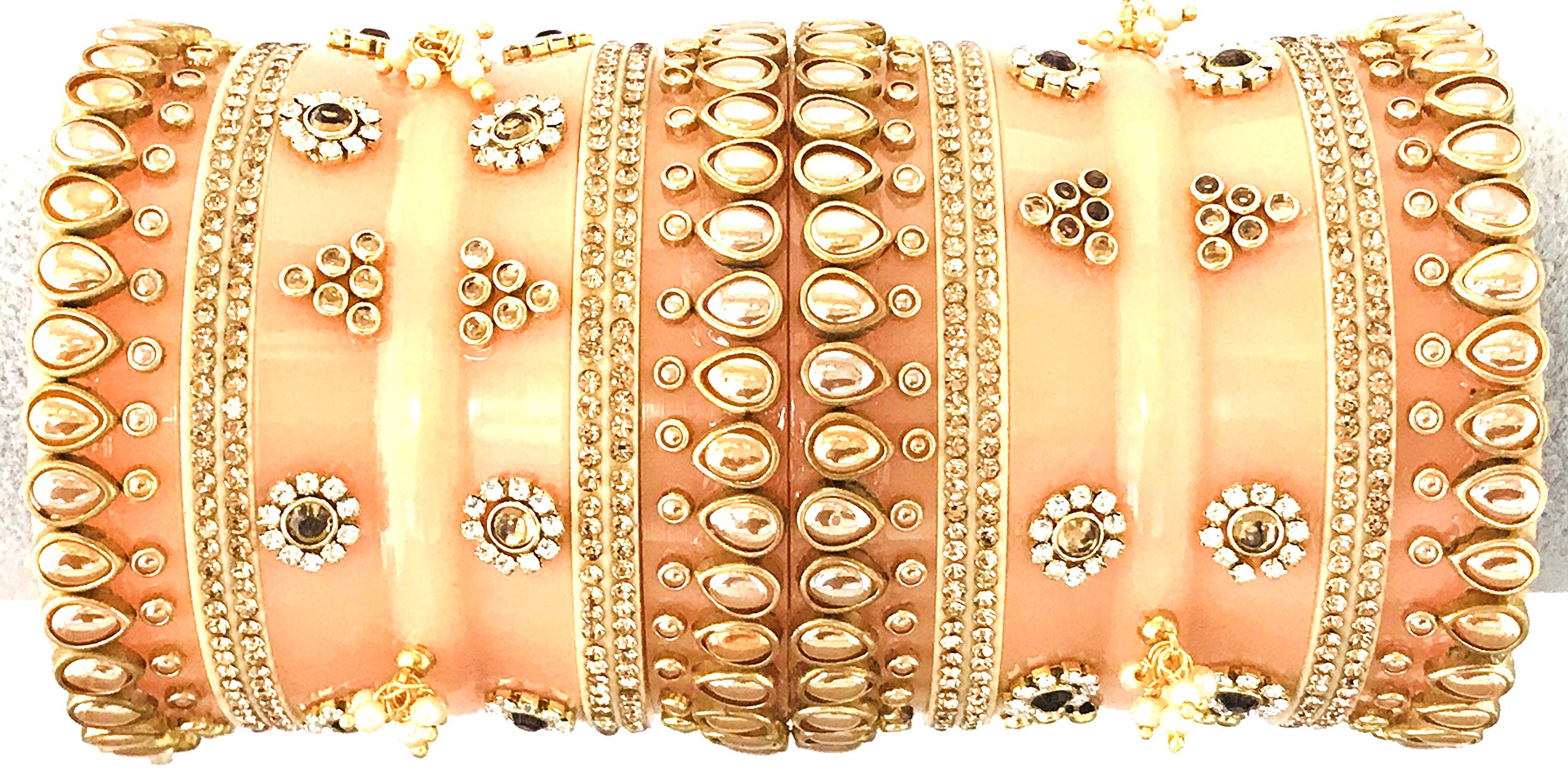 THE OPAL FACTORY Acrylic Bridal Bangles Set Gold Plated Punjabi Chuda Set For Wedding With Kundan Minakari And Stone Work For Women And Girls (Peach, 2.80)