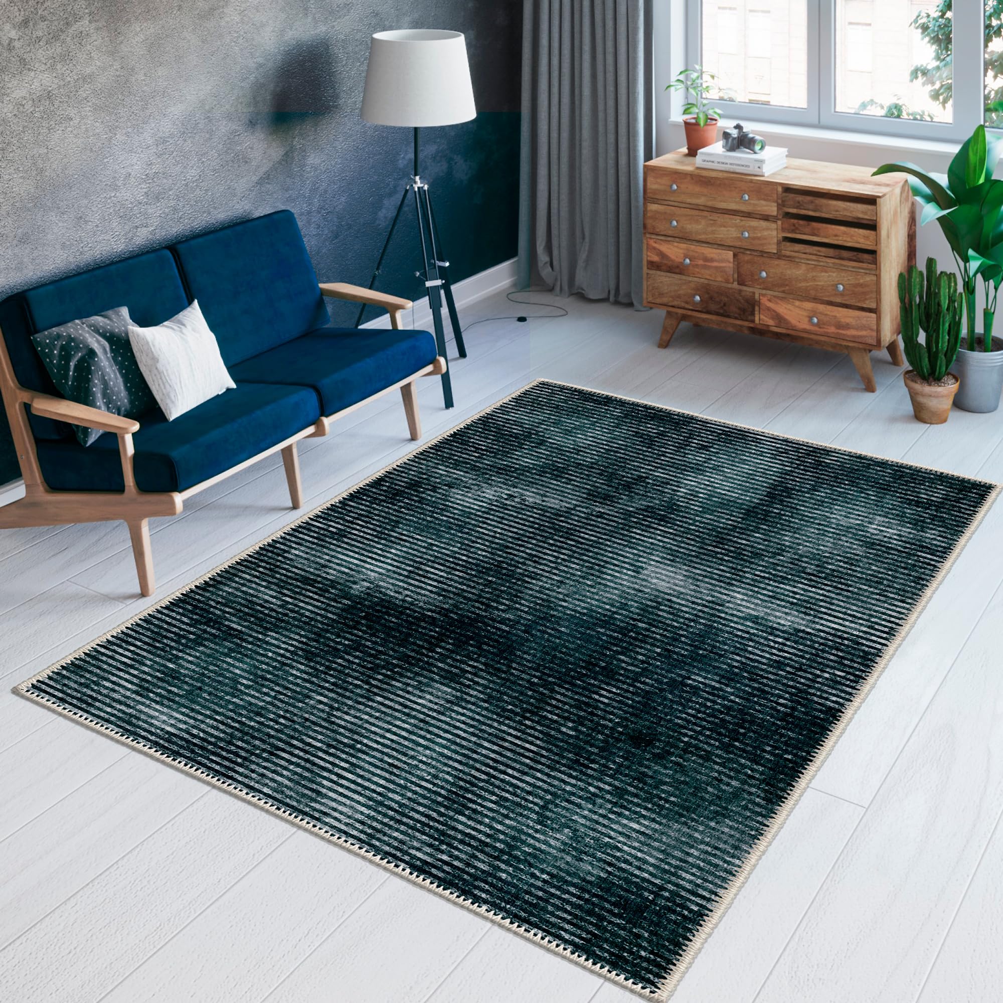 HomeNette Washable Area Rugs, 5x5 Green Square Rug with Non Slip Backing, Stain Resistant, Foldable, Boho Machine Washable Carpet Mat for Kitchen,