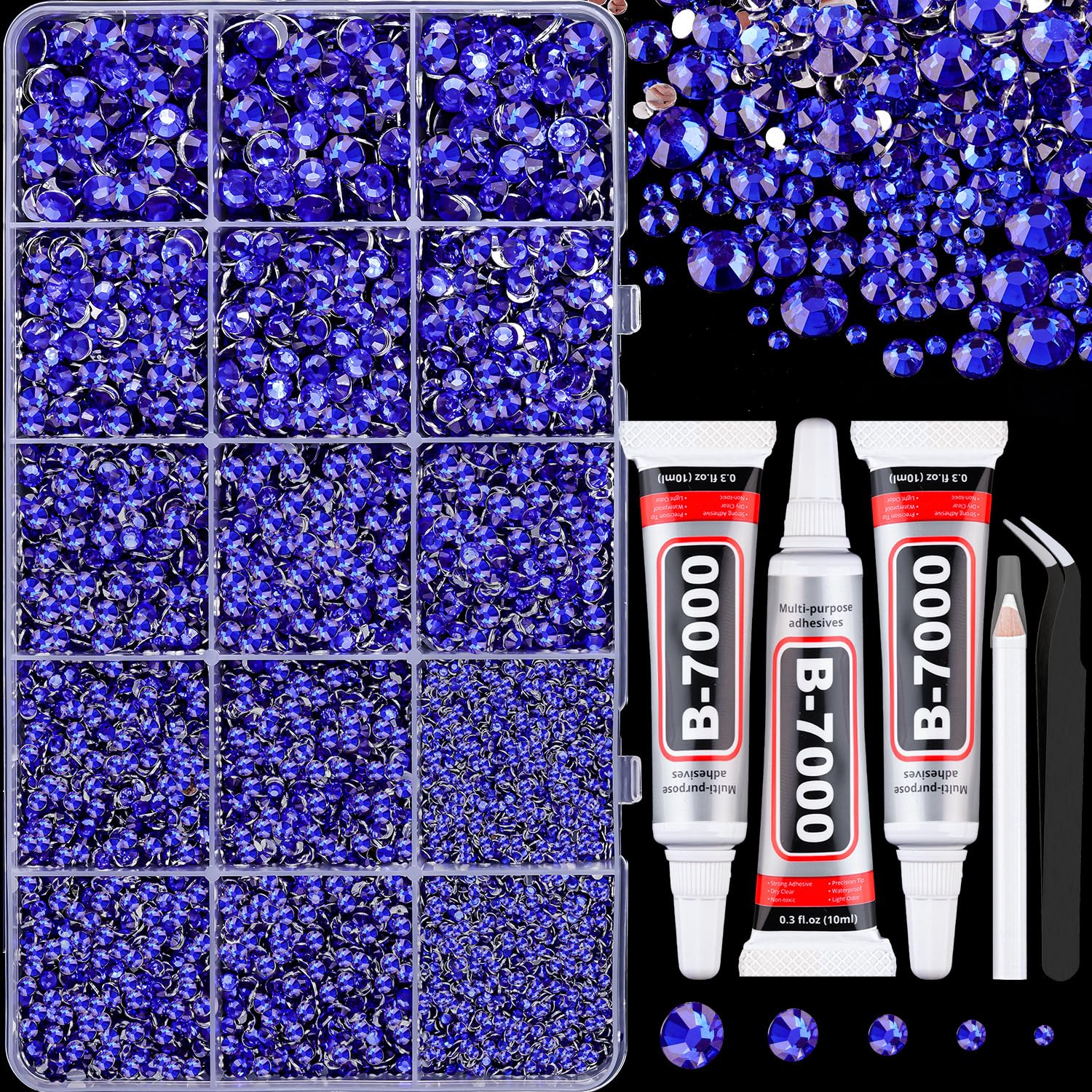16000Pcs Resin Rhinestones for Crafting, Royal Blue Non Hotfix Flatback Gems, Bedazzling Crystal with 3Pcs 10ml B7000 Jewelry Glue for DIY Crafts Clothing Tumblers Shoes Fabric Nail Art