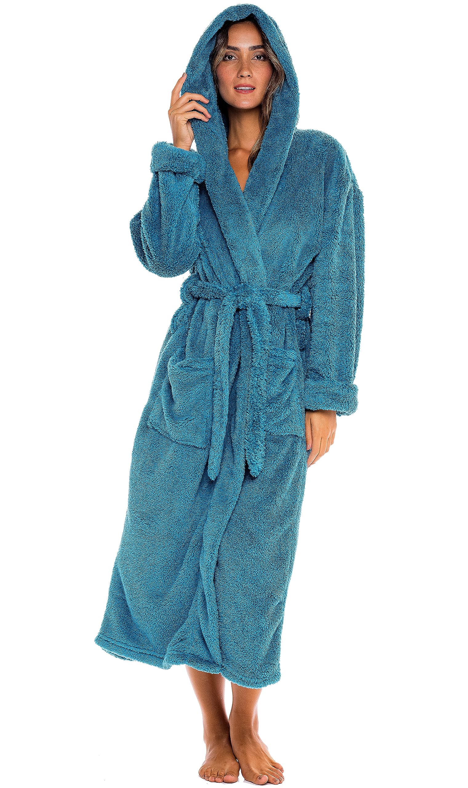 Alexander Del Rossa Women's Fuzzy Plush Fleece Bathrobe with Hood, Soft Warm Hooded Lounge Robe