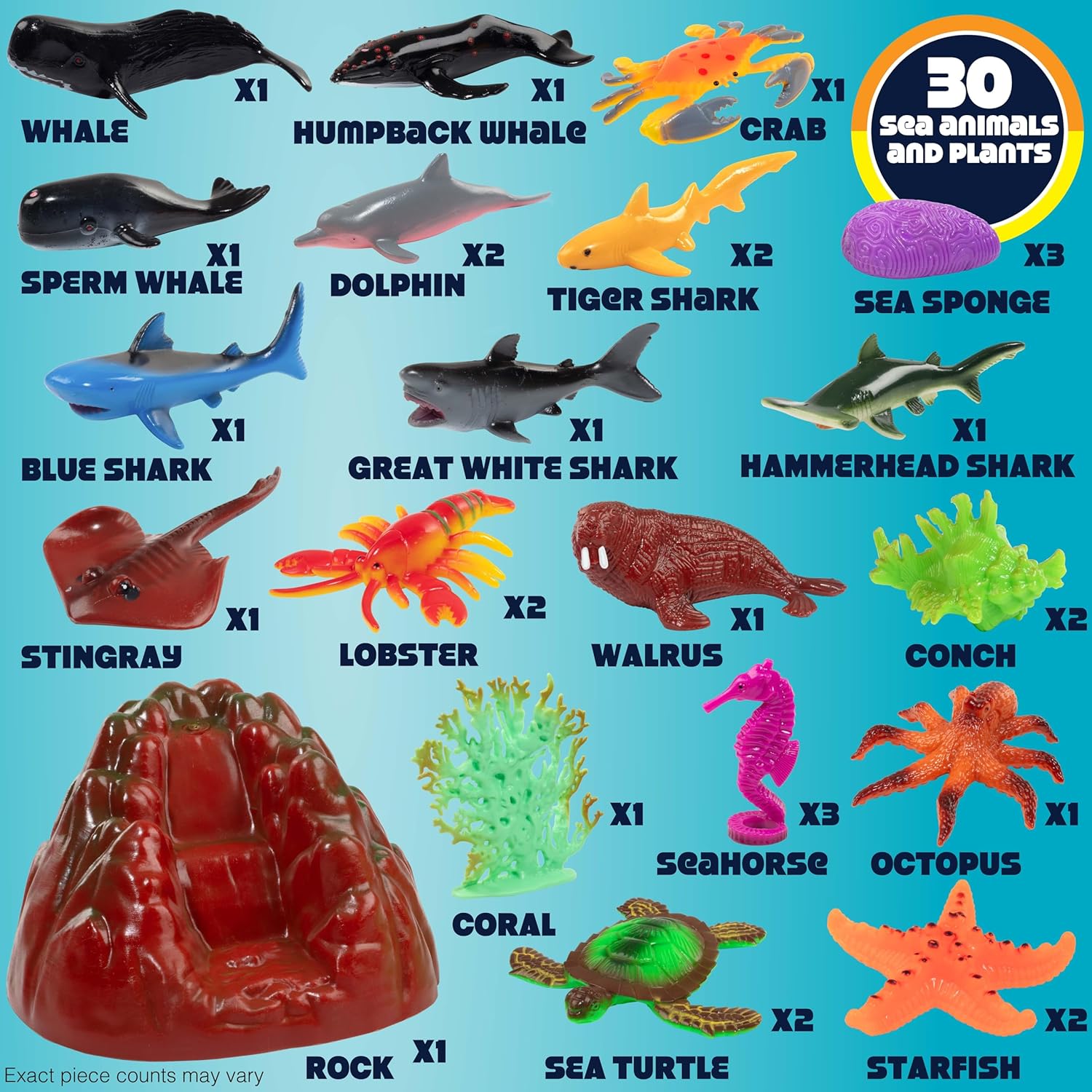 Ocean Animal Toy Figures Set (30PCS)– Marine Life Sea Creatures Playset with Sharks, Dolphins, Turtles, Crabs & More– Kids Educational Toys, Bath Toys, Toddler Learning, Party Favors w/ Storage Bucket
