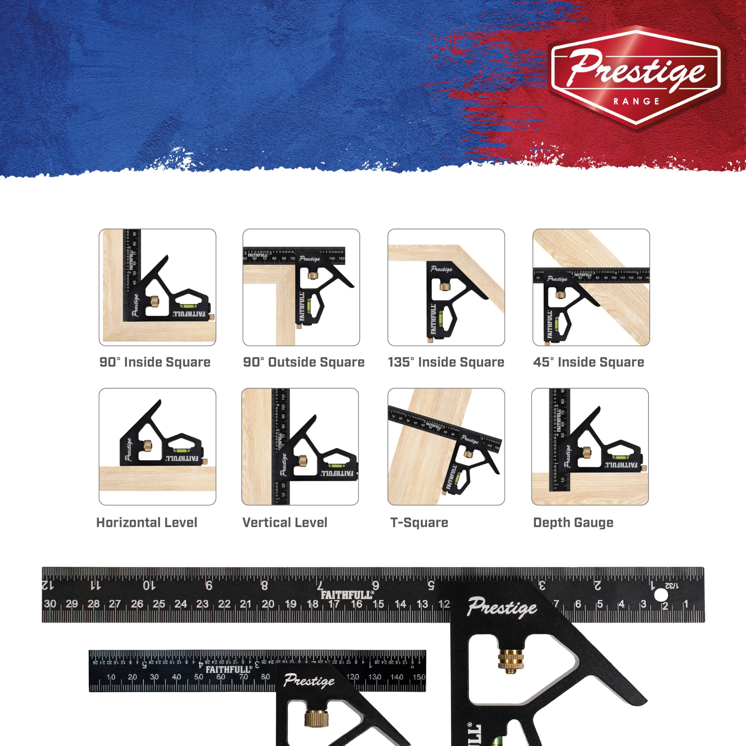 Faithfull Prestige Kombinationswinkel Doppelpack, Schwarz, Aluminium, 150 mm (6 Zoll) & 300 mm (12 Zoll) – Multifunktionales Mess- und Anreißwerkzeug mit Wasserwaage und Anreißnadel