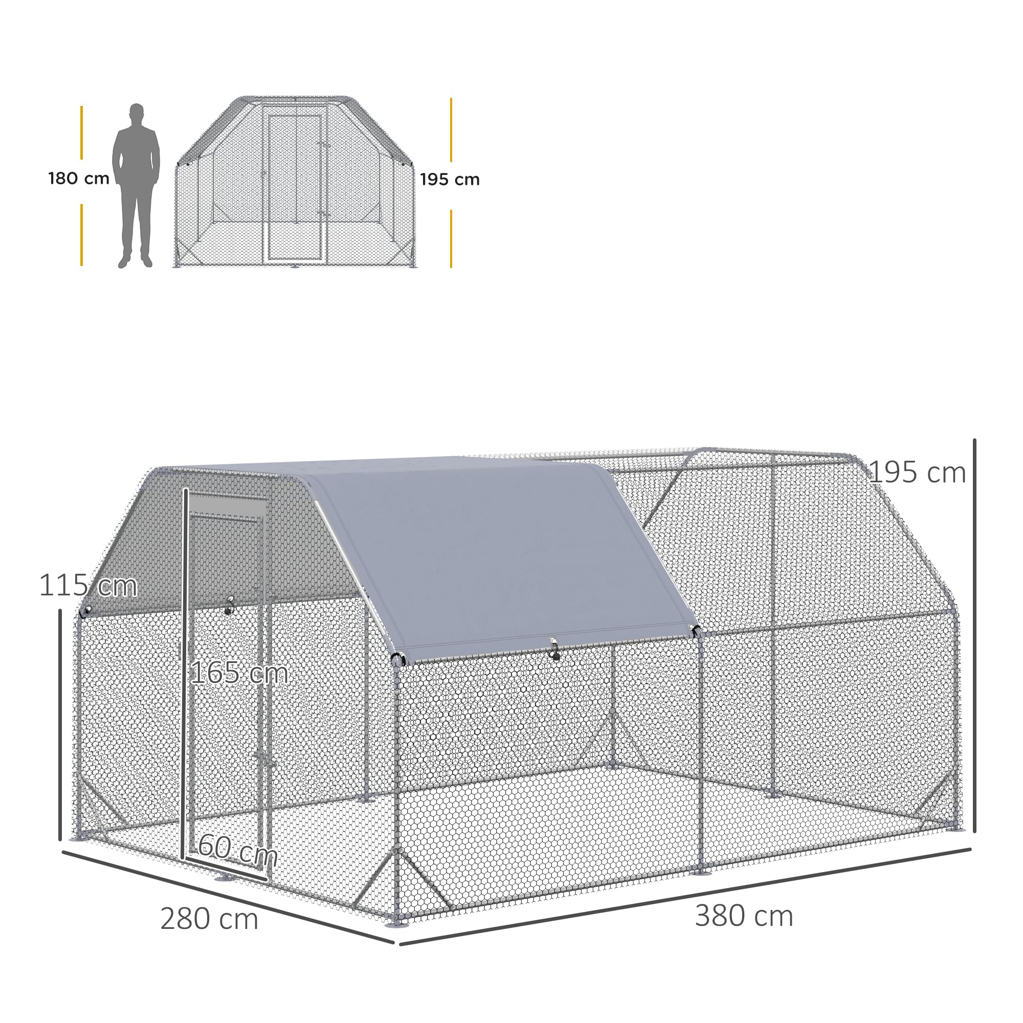 PawHut Gallinero Exterior Grande Walk-in 2,8x3,8x1,95 m Acero Galvanizado 10-12 Gallinas