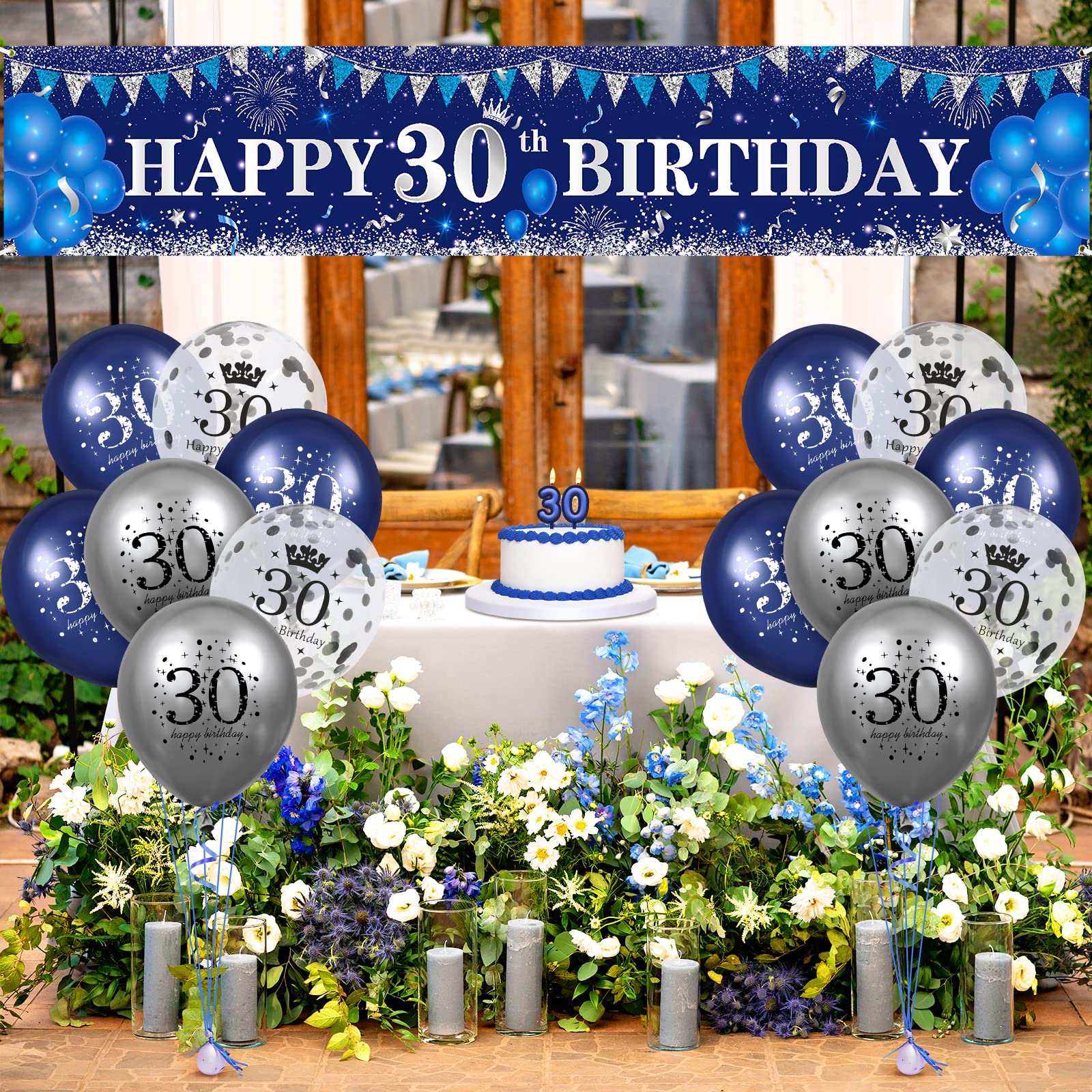 Decorazioni 30° Compleanno – 3 Ghirlande Con Bandierine Blu Navy E Oro, 12 Pezzi L'una
