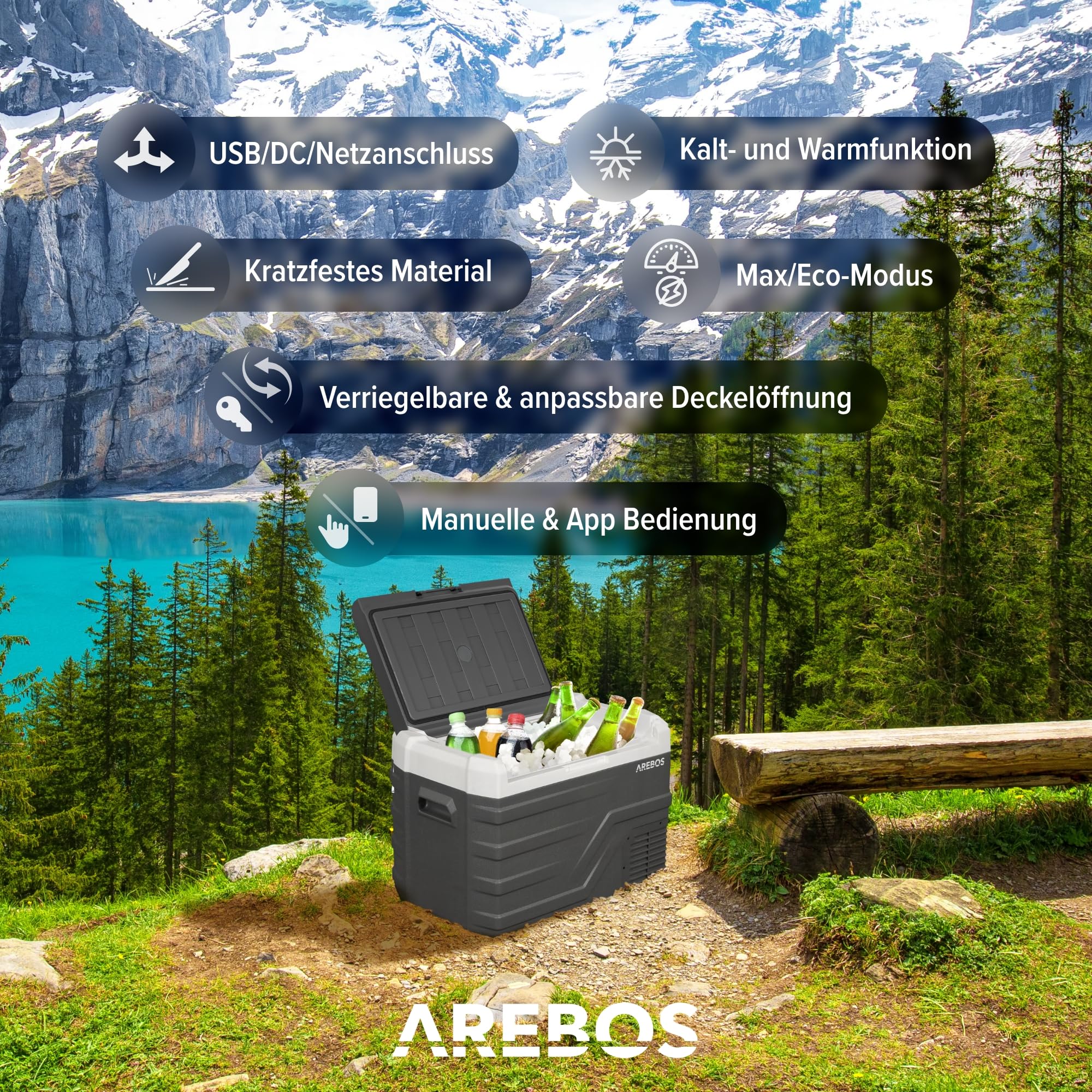 Arebos Kompressor Kühlbox 35 Liter Elektrische Gefrierbox APP Smart-Steuerung Mobile Kühltruhe USB-Anschluss -20 °C 12/24 V 230V Auto LKW Camping Boot Wohnmobil